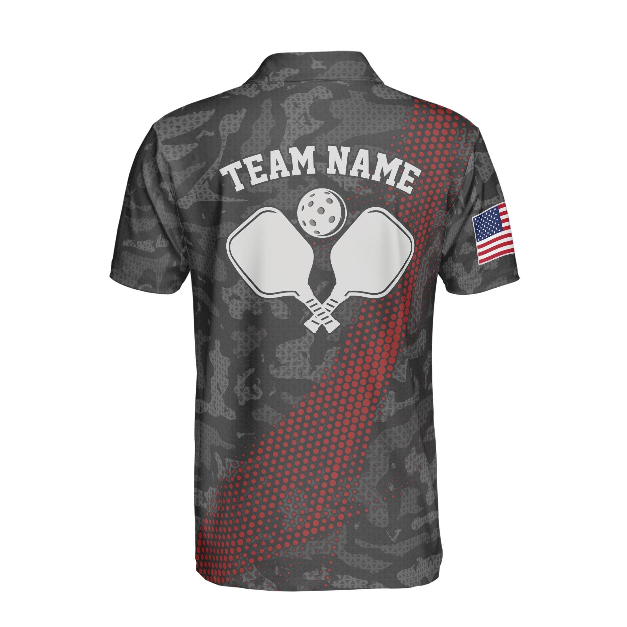 Personalized Name Gray Camouflage American Flag Pickleball Men's Polo Shirt - Image 3