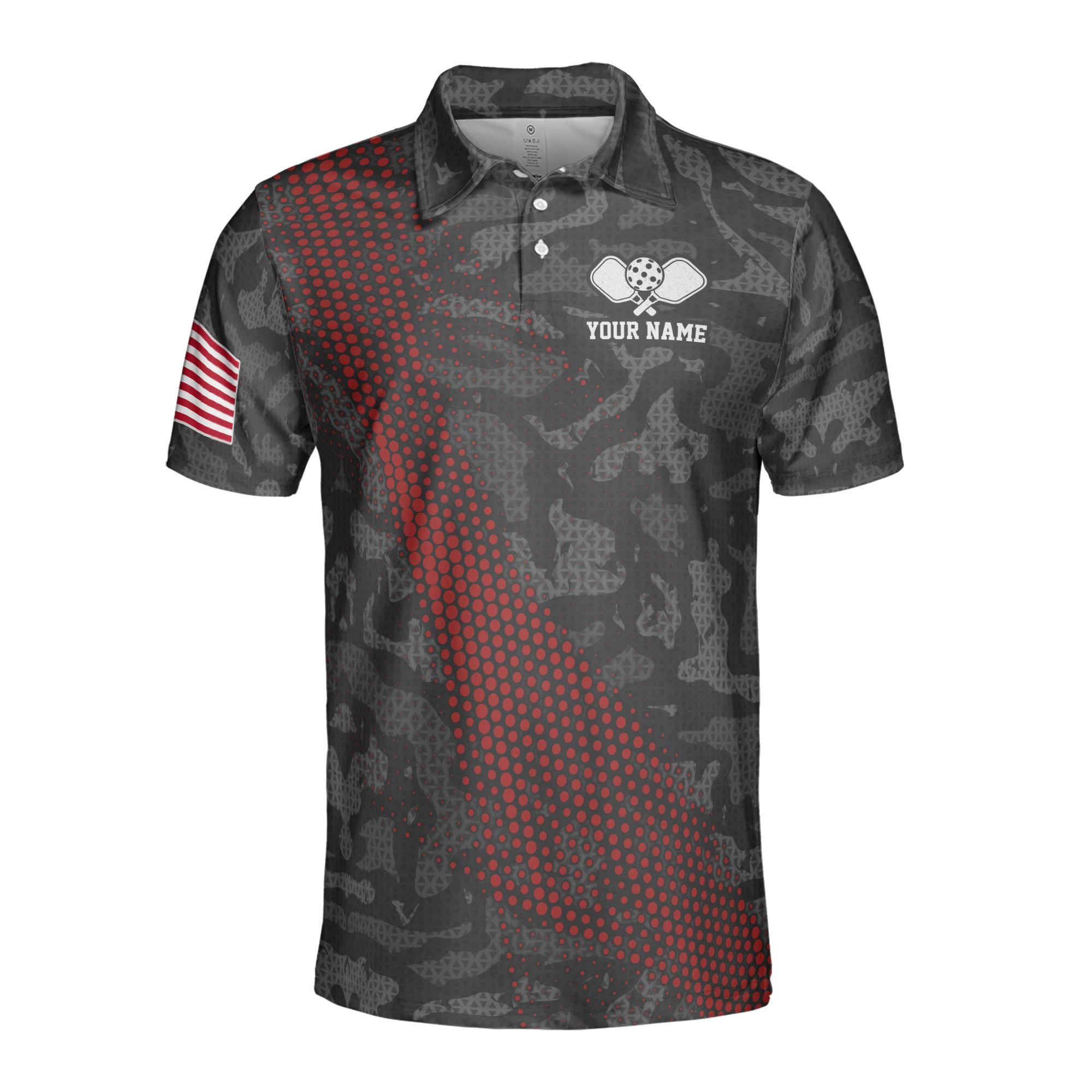 Alternative view of Personalized Name Gray Camouflage American Flag Pickleball Men's Polo Shirt