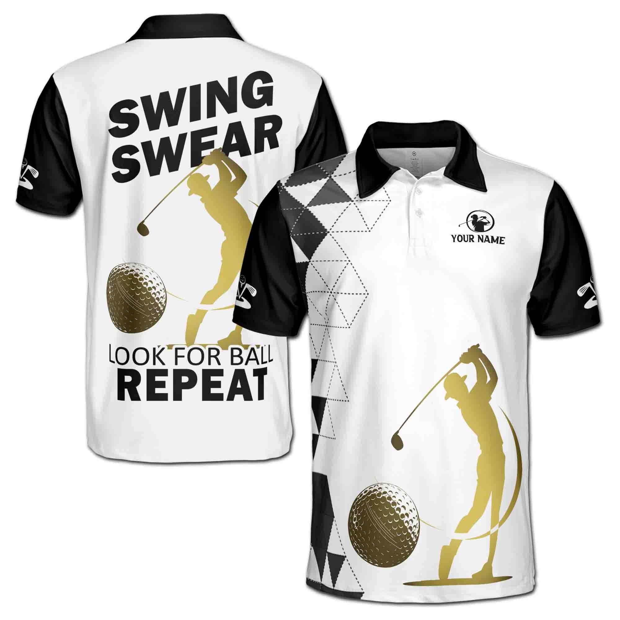 Personalized Name Man Play Golf Golden Pattern Men's Polo Shirt