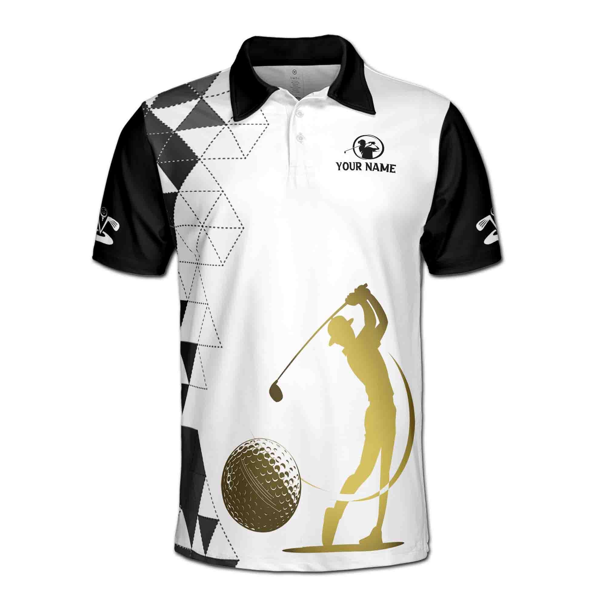 Alternative view of Personalized Name Man Play Golf Golden Pattern Men's Polo Shirt