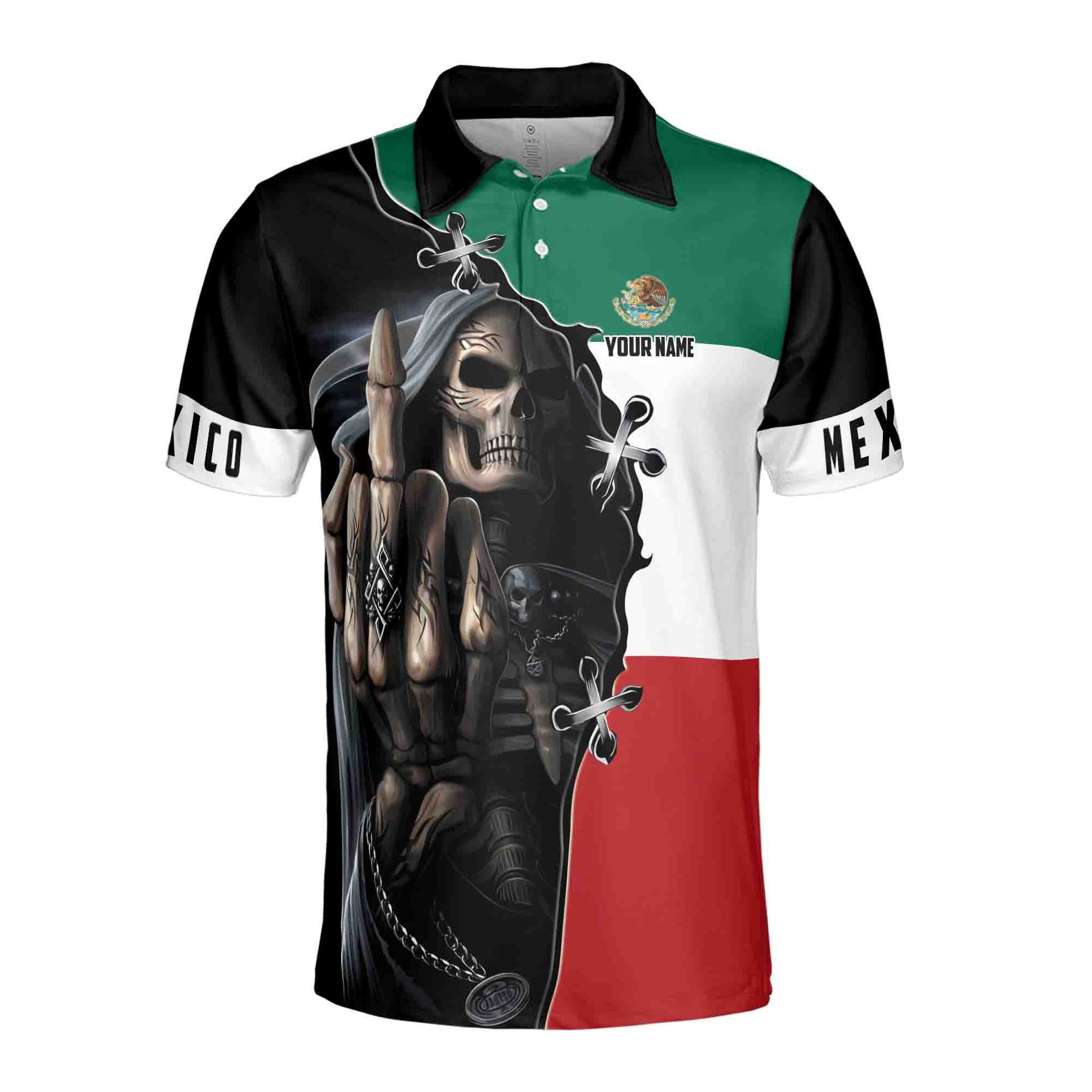 Alternative view of Personalized Name Mexico Skull Reaper Mexico Flag Men's Polo Shirt