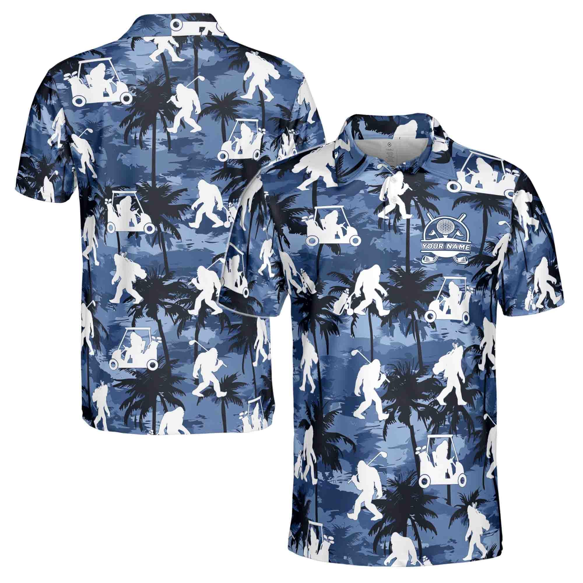 Personalized Name Monkey Big Foot Play Golf Palm Tree Pattern Men's Polo Shirt