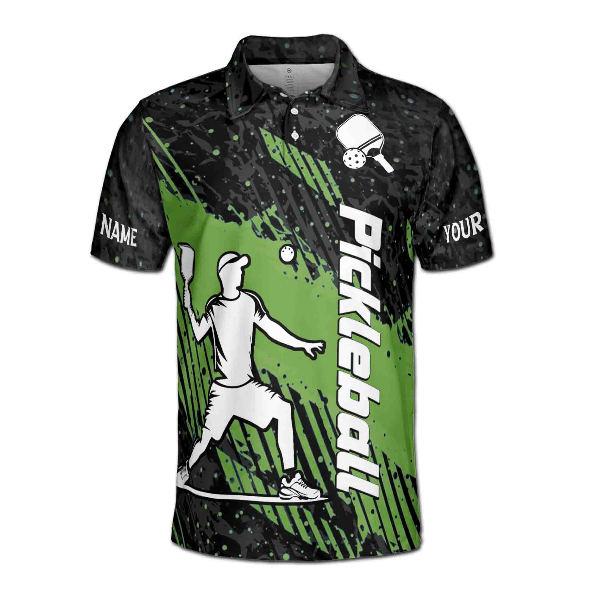 Alternative view of Personalized Name Pickleball Player Silhouette Green Striped Men's Polo Shirt