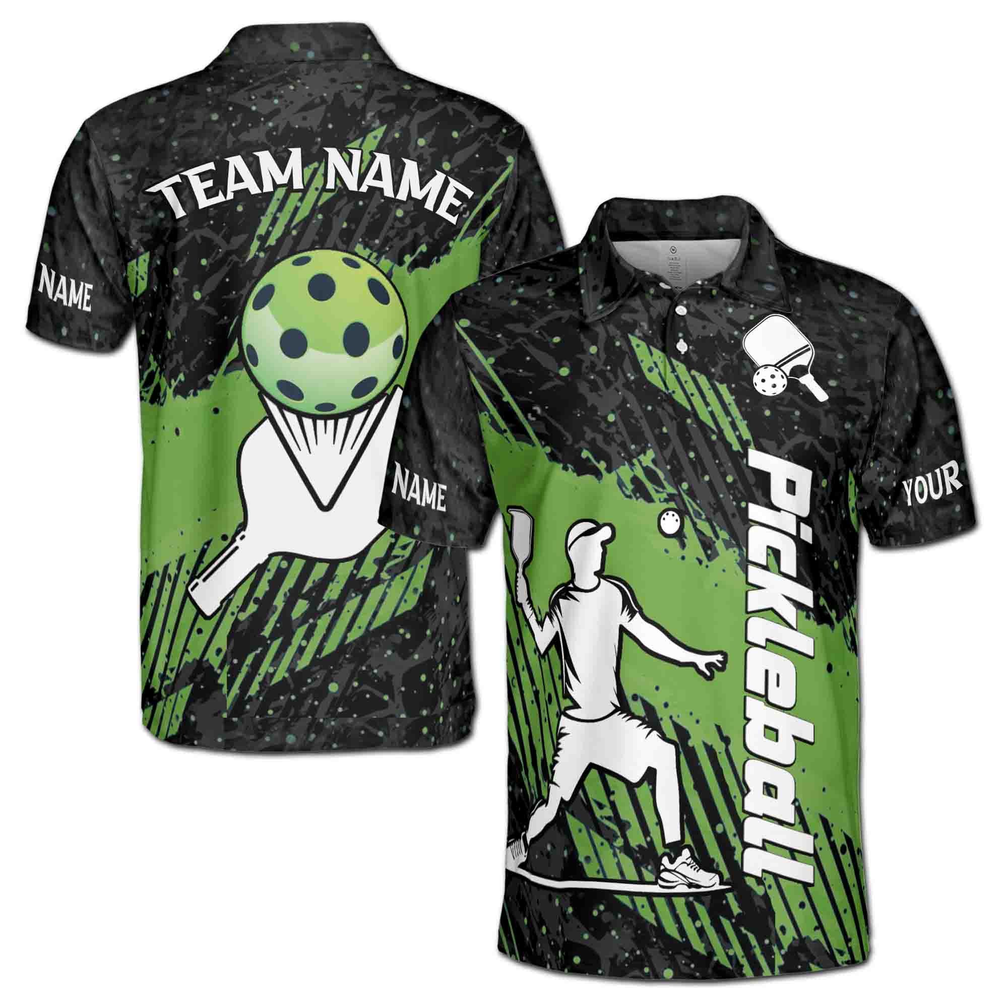 Personalized Name Pickleball Player Silhouette Green Striped Men's Polo Shirt