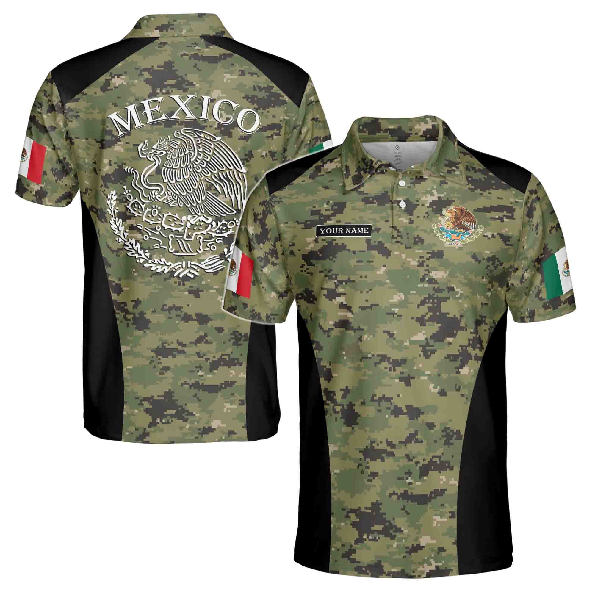 Personalized Name Pixel Camo Mexico Coat of Arms Mexico Patriotic Men's Polo Shirt