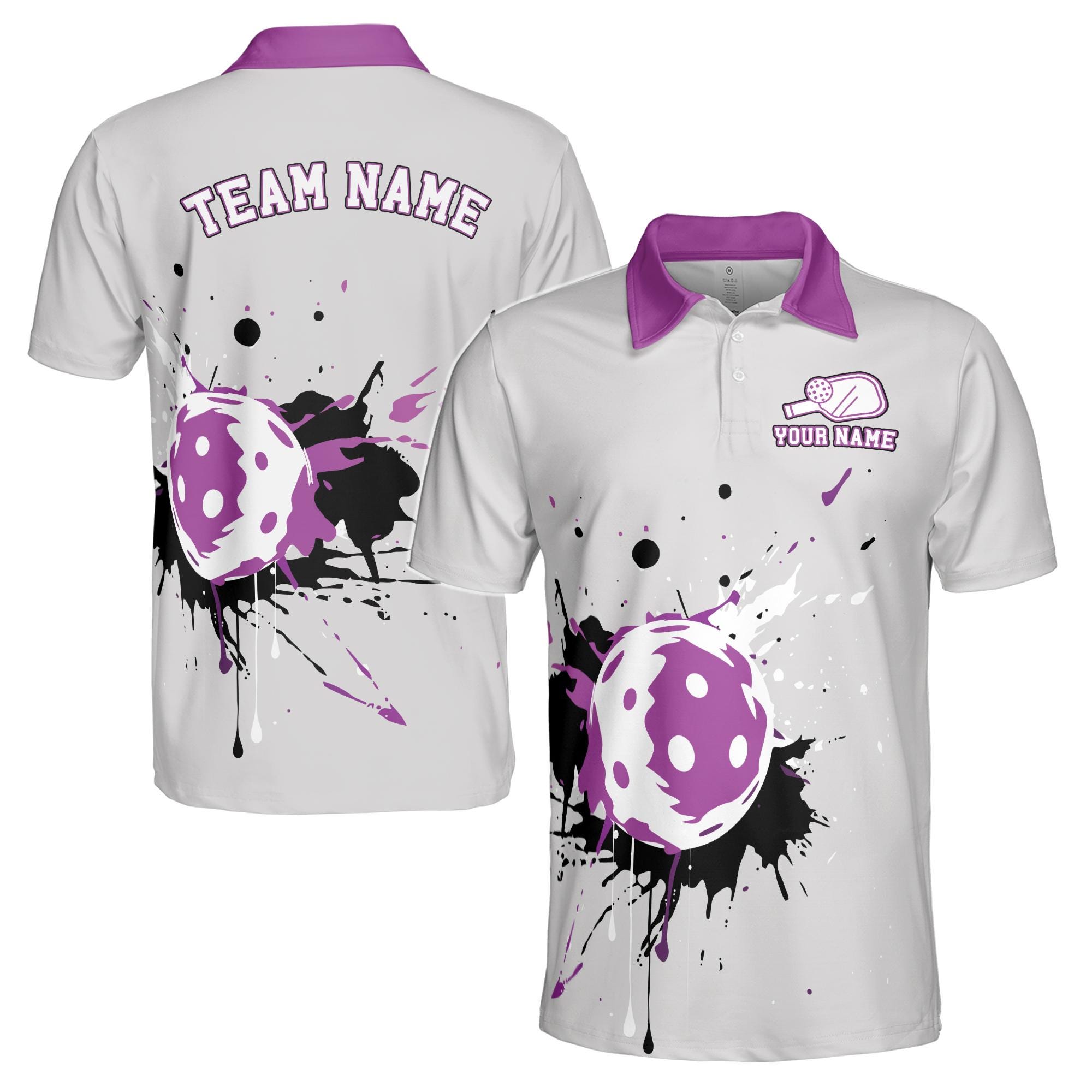 Personalized Name Purple Grey Spatter Color Pickleball Men's Polo Shirt
