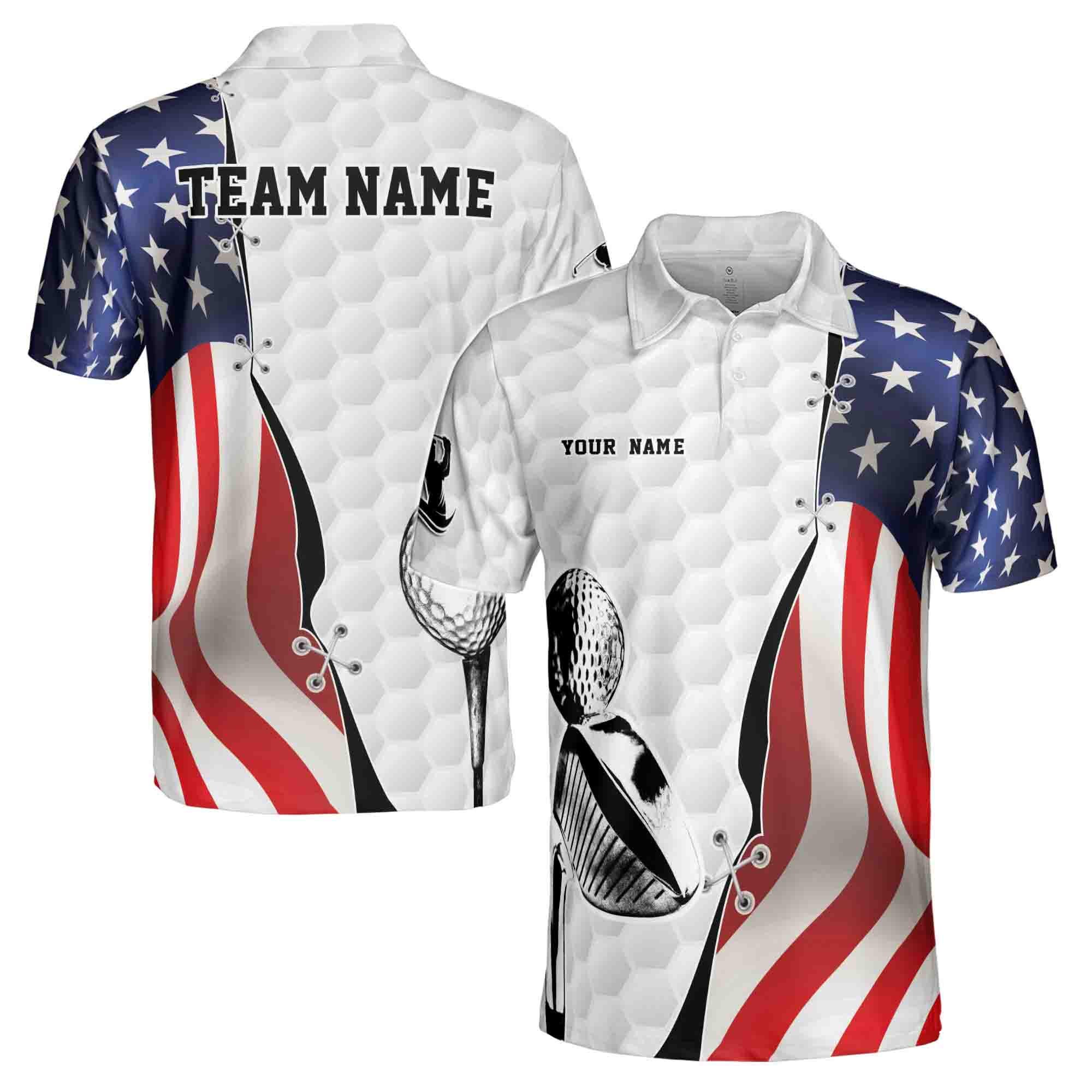 Personalized Name Team American Flag Golfer Stick Silhouette Men's Polo Shirt