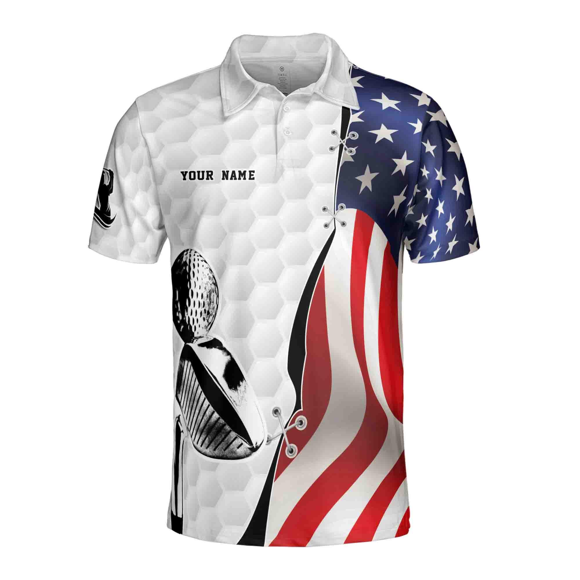 Alternative view of Personalized Name Team American Flag Golfer Stick Silhouette Men's Polo Shirt