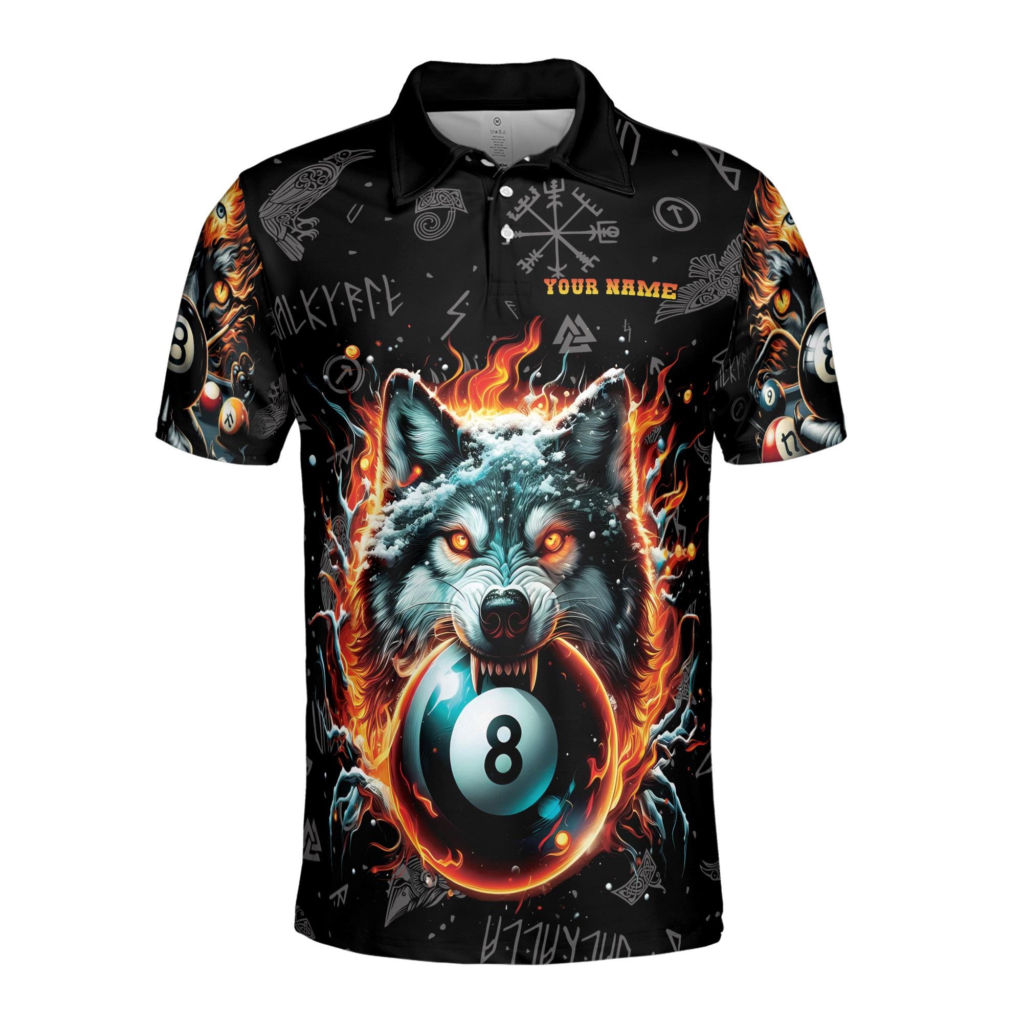 Alternative view of Personalized Name Team Billiards Viking Wolf Pattern Men's Polo Shirt
