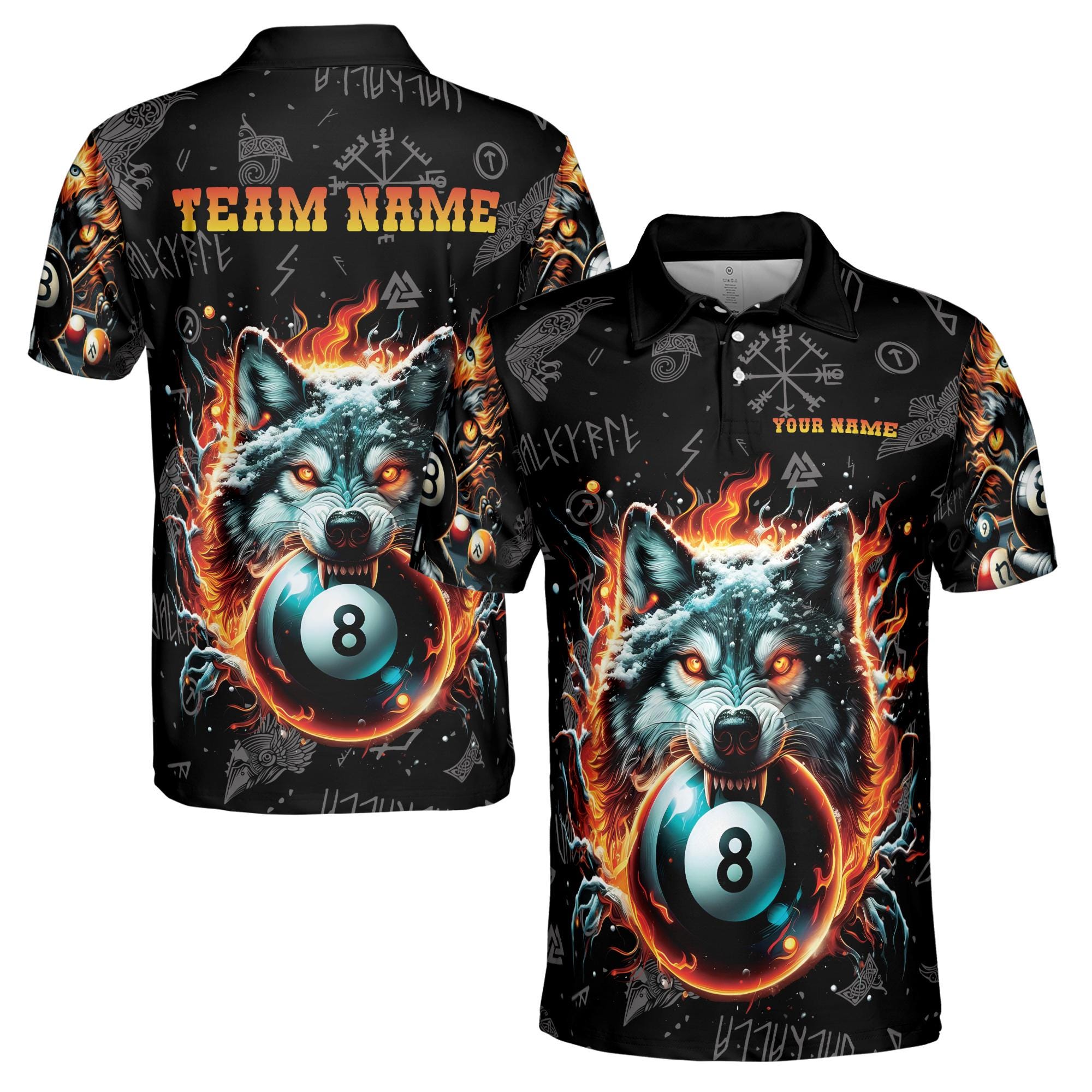 Personalized Name Team Billiards Viking Wolf Pattern Men's Polo Shirt