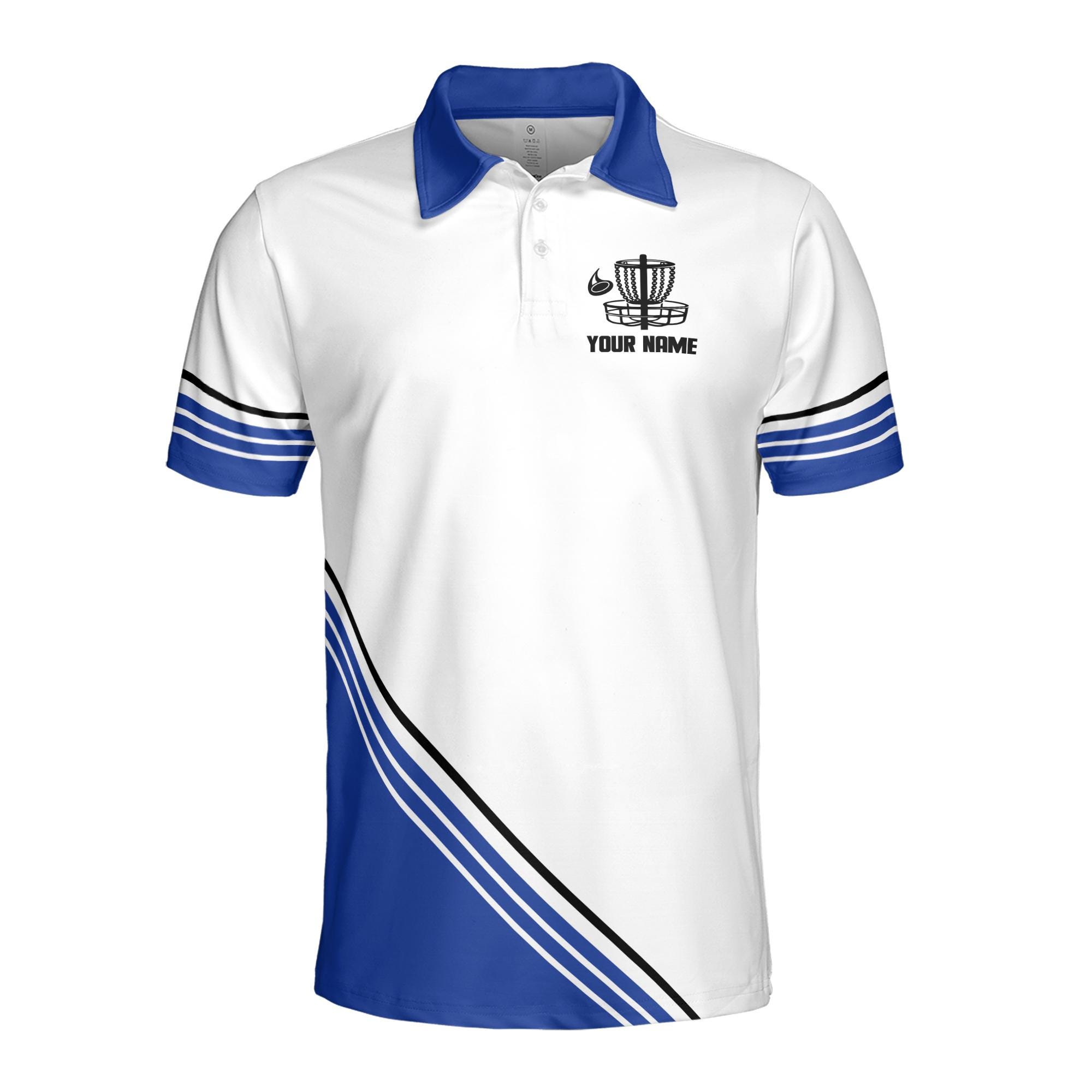 Alternative view of Personalized Name Team Disc Golf Blue White Black Stripe Men's Polo Shirt
