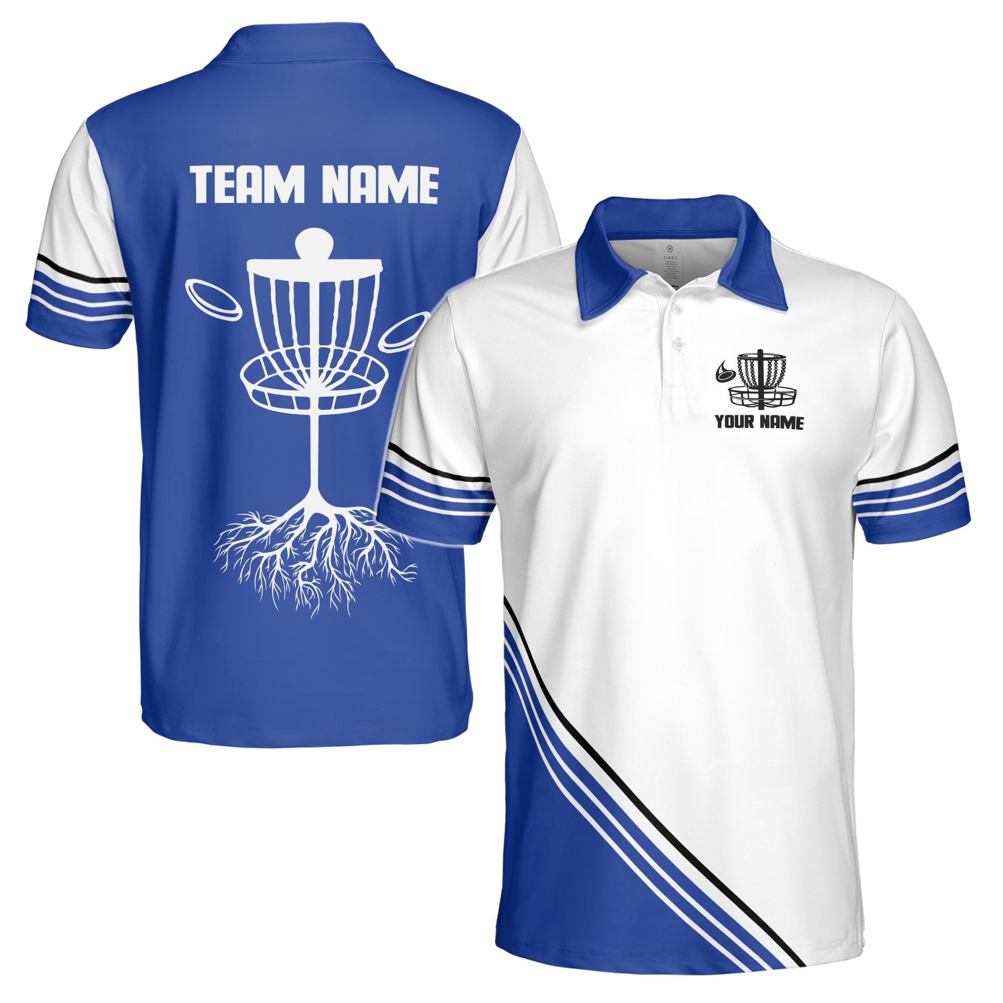Personalized Name Team Disc Golf Blue White Black Stripe Men's Polo Shirt