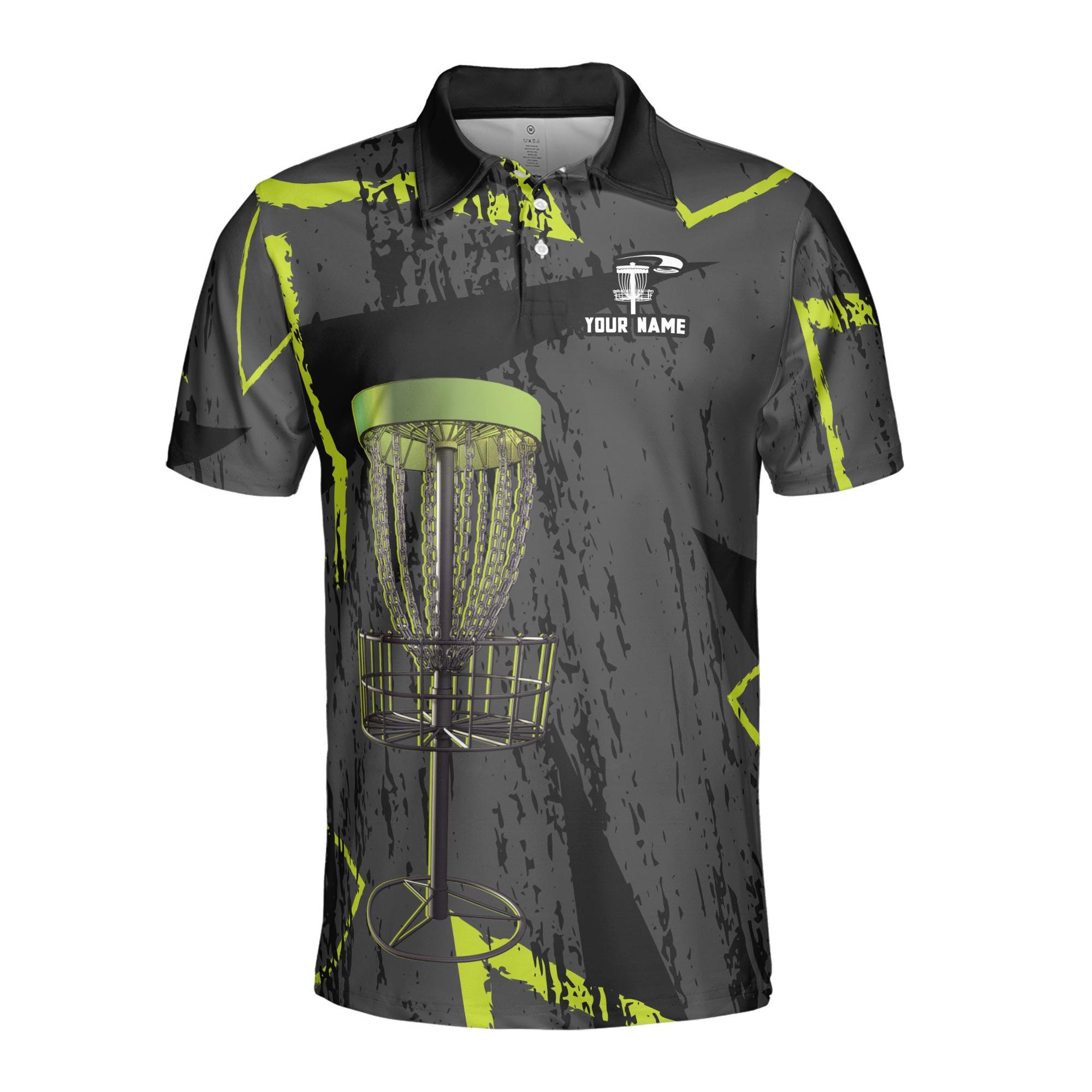 Alternative view of Personalized Name Team Disc Golf Grunge Black Green Pattern Men's Polo Shirt