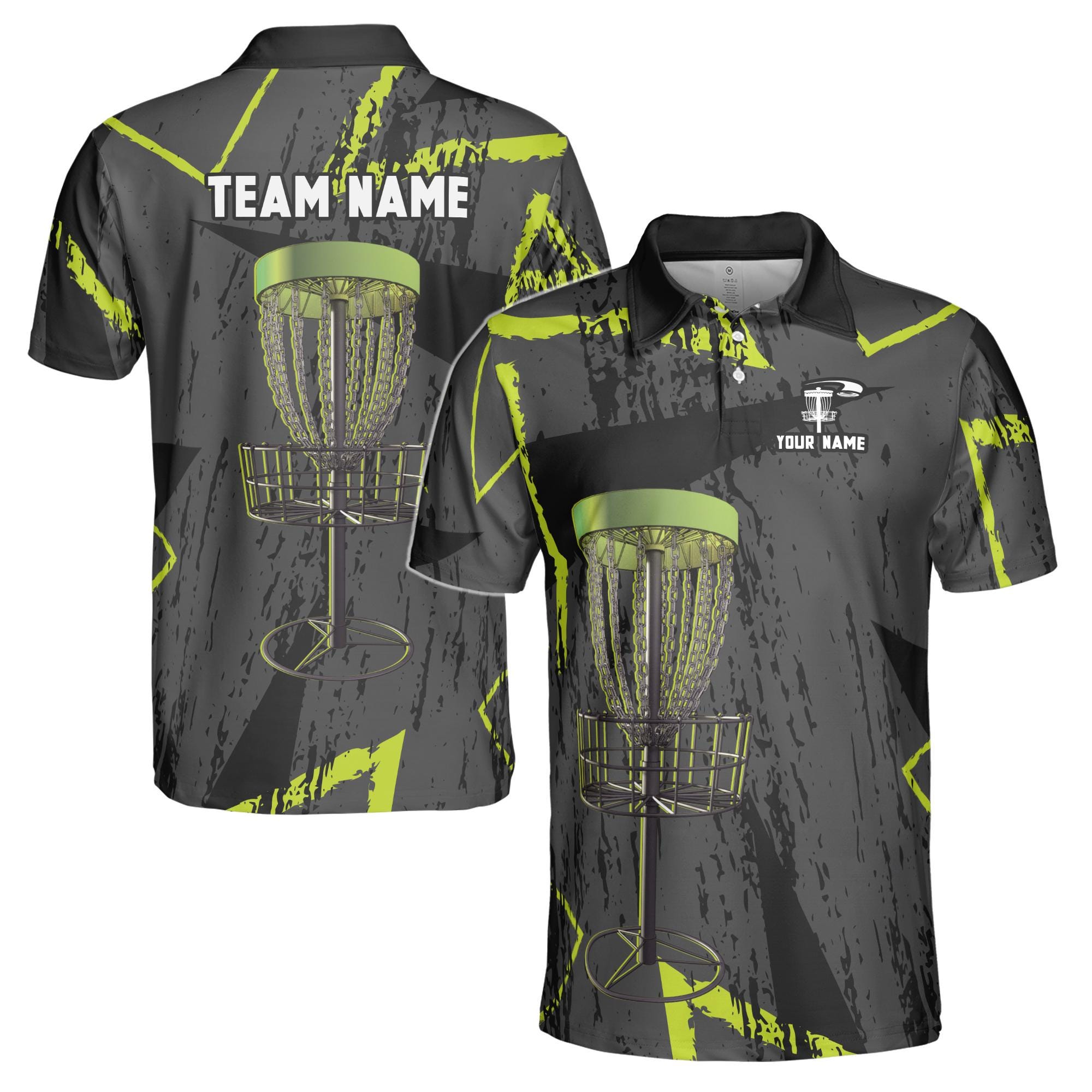 Personalized Name Team Disc Golf Grunge Black Green Pattern Men's Polo Shirt