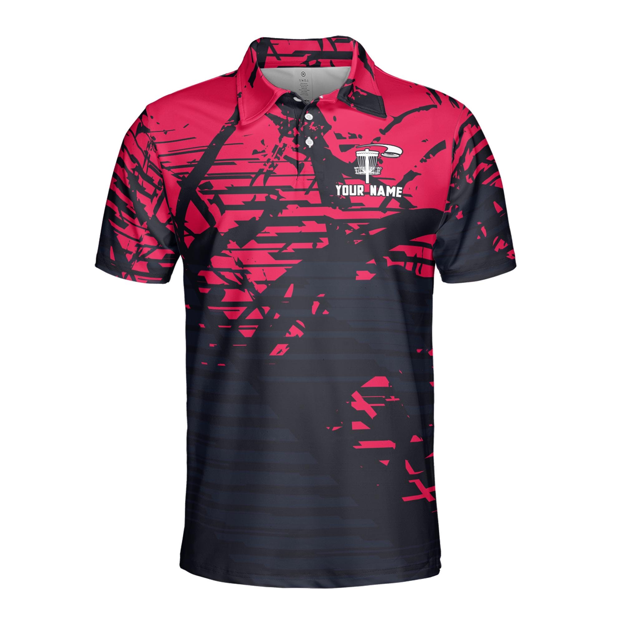Alternative view of Personalized Name Team Disc Golf Grunge Black Red Pattern Men's Polo Shirt