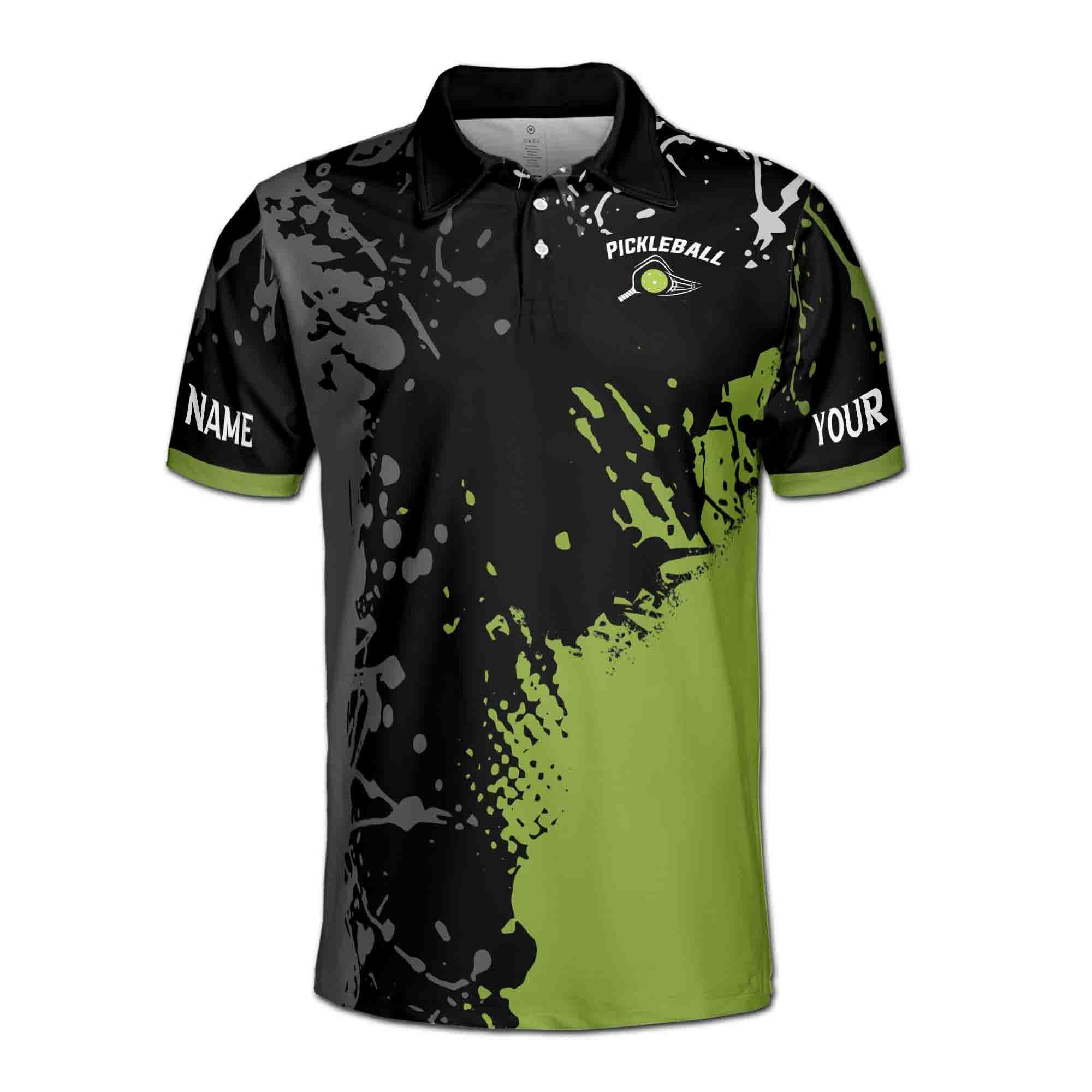 Personalized Name Team Lime Black Spatter Pickleball Men's Polo Shirt