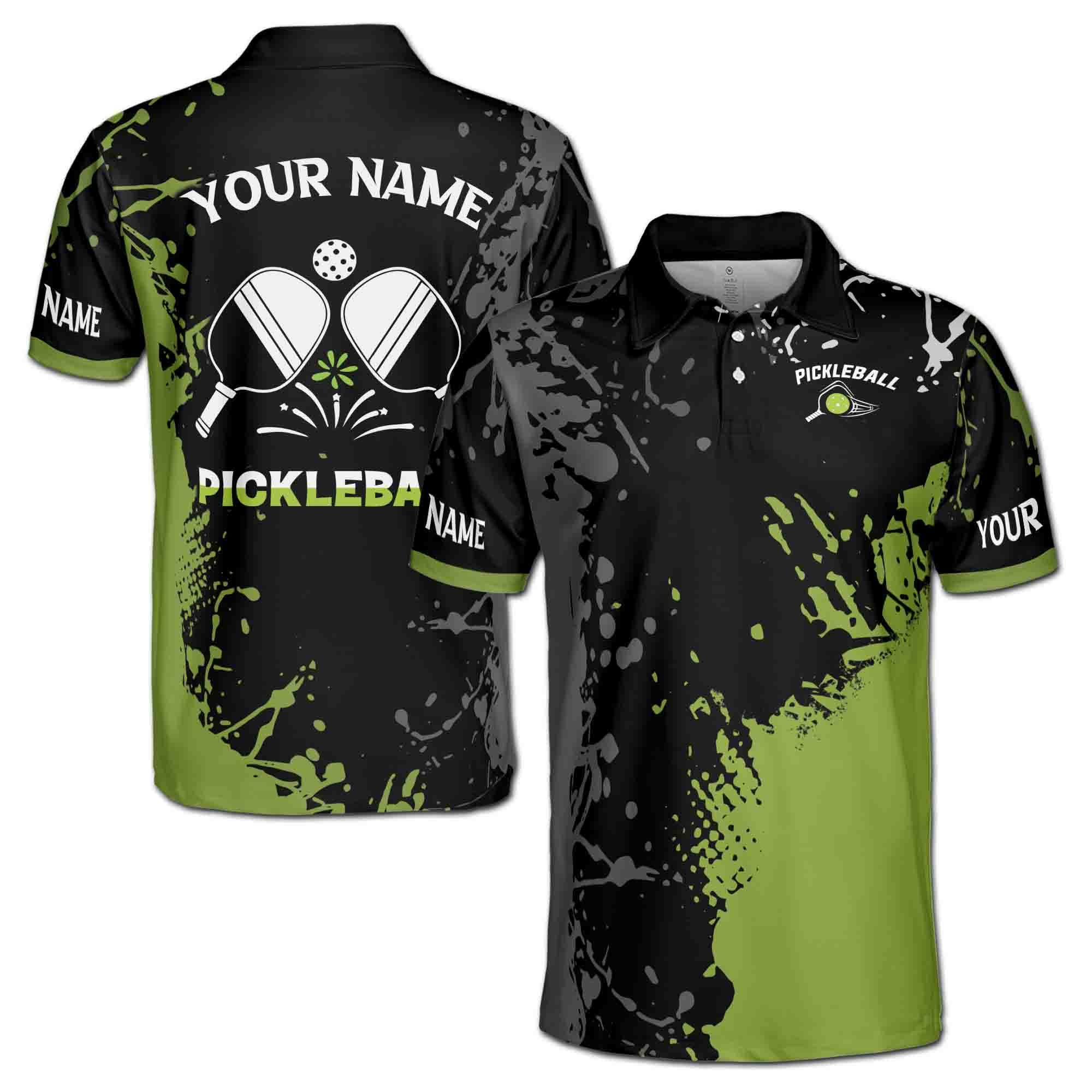 Alternative view of Personalized Name Team Lime Black Spatter Pickleball Men's Polo Shirt