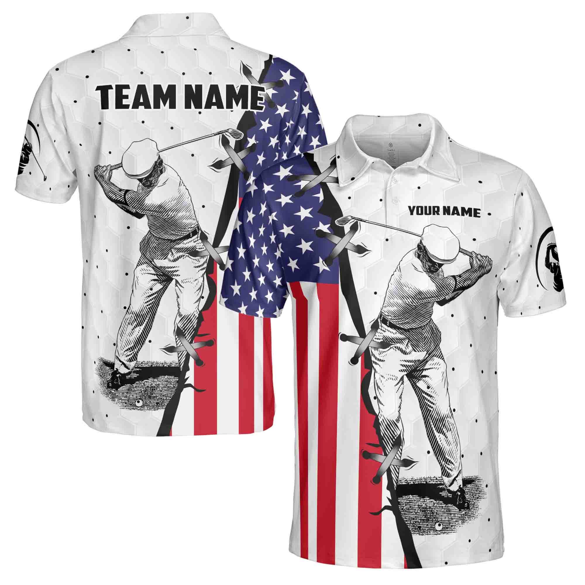Personalized Name, Team Name Golf American Flag Men's Polo Shirt