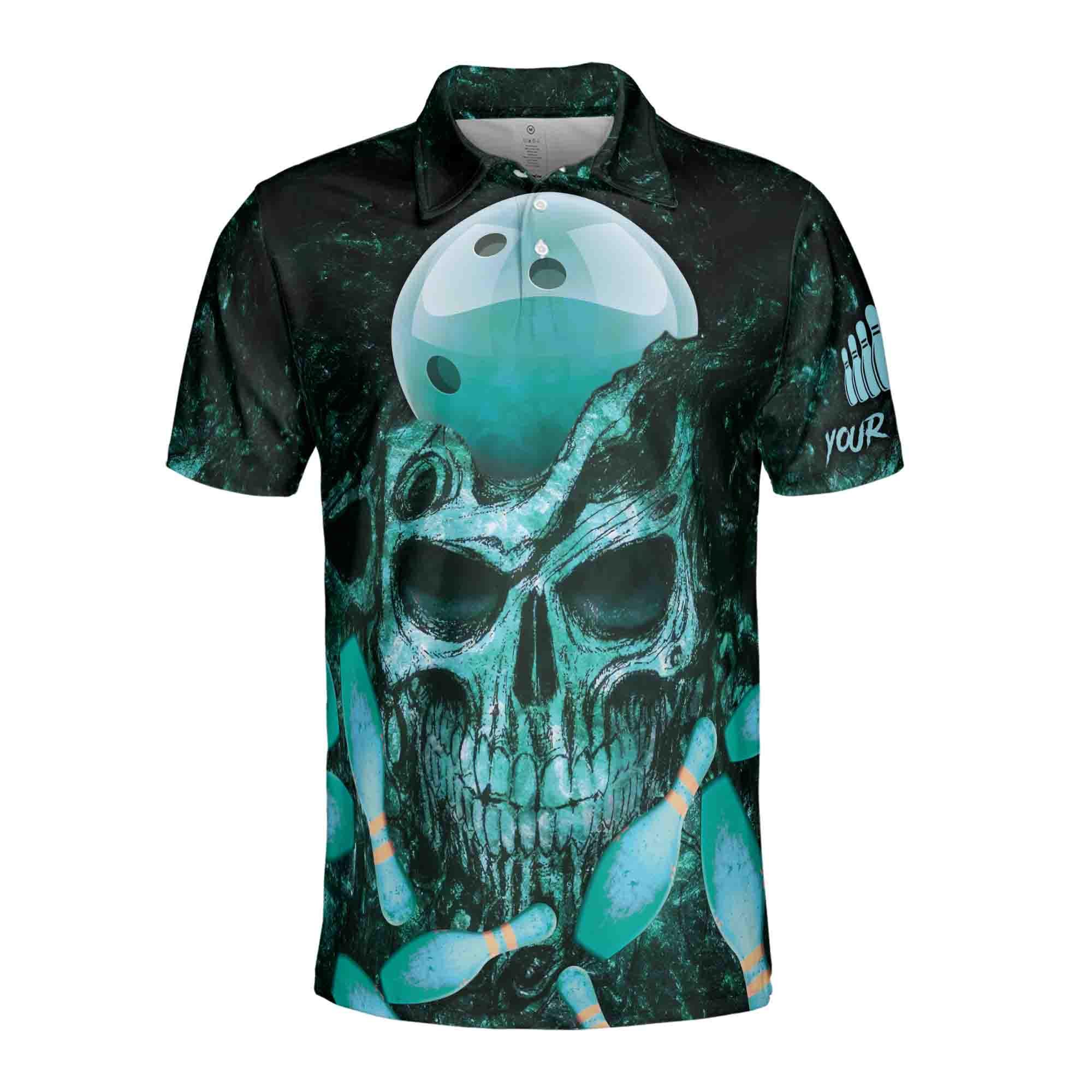 Alternative view of Personalized Name, Team Name Skull Bowling Ball Men's Polo Shirt