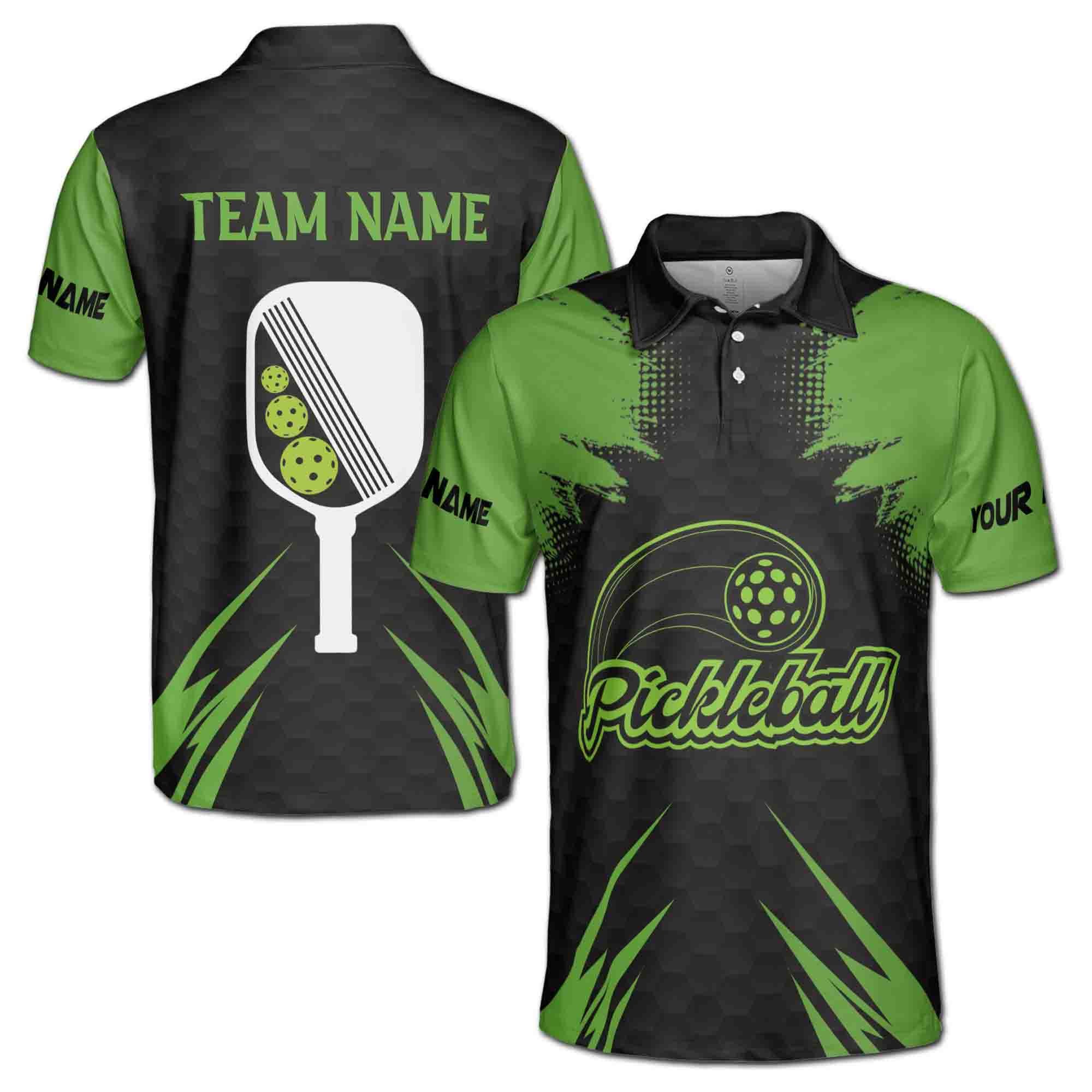 Personalized Name Team Pickleball Lover Black Green Men's Polo Shirt
