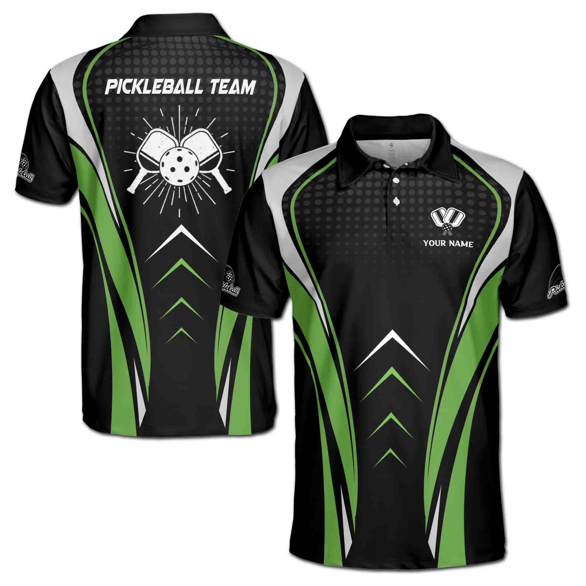 Personalized Name Team Pickleball Lover Black Green Men's Polo Shirt