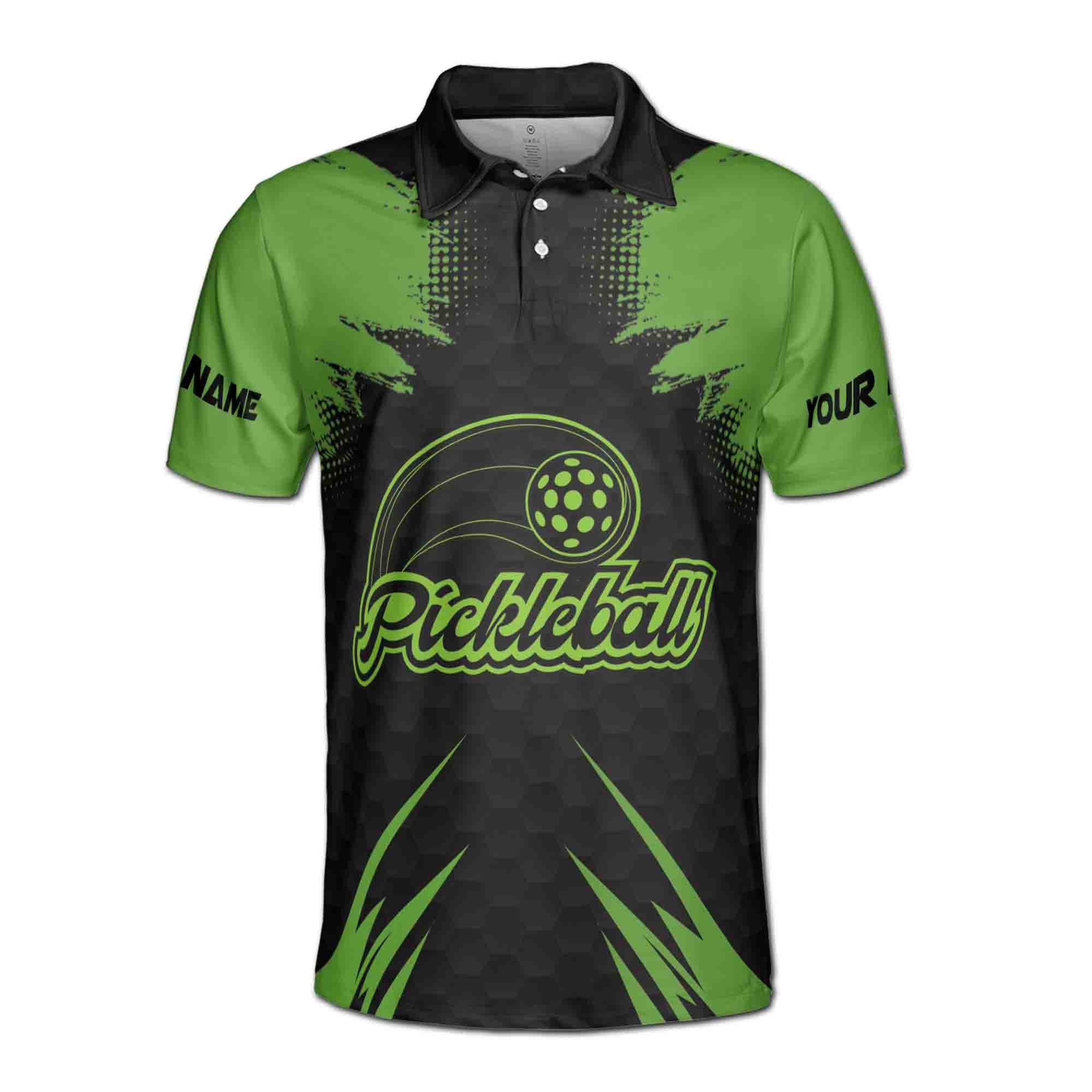 Alternative view of Personalized Name Team Pickleball Lover Black Green Men's Polo Shirt
