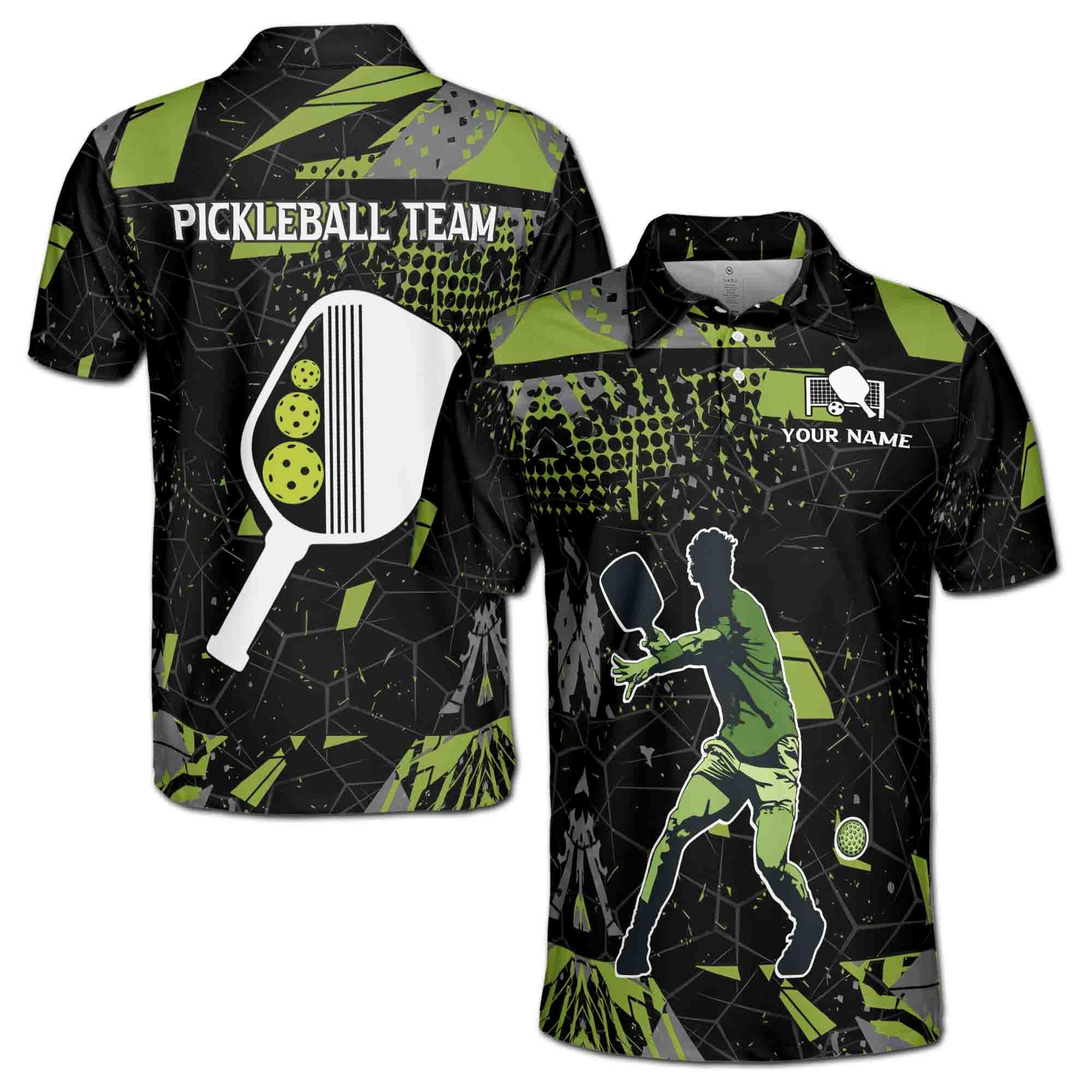 Personalized Name Team Pickleball Lover Grunge Green Pattern Men's Polo Shirt