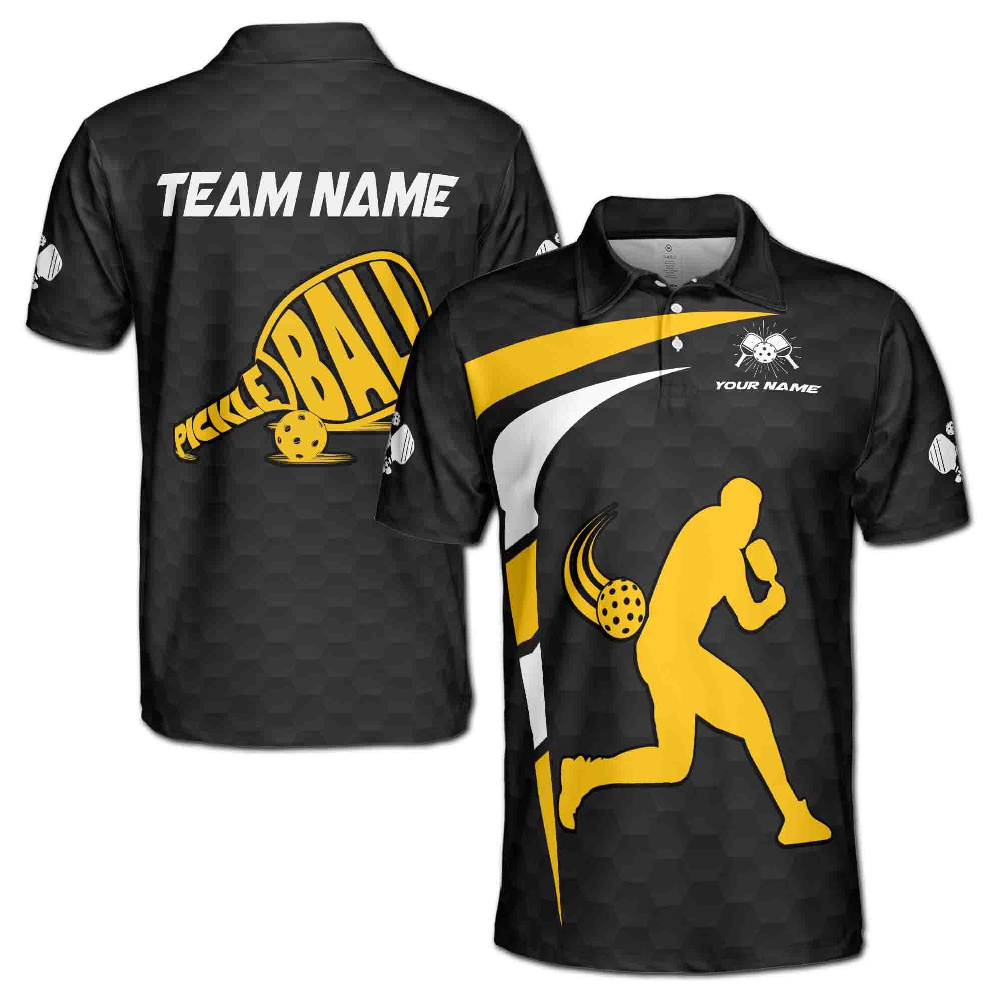 Personalized Name Team Pickleball Paddle Black Yellow Men's Polo Shirt