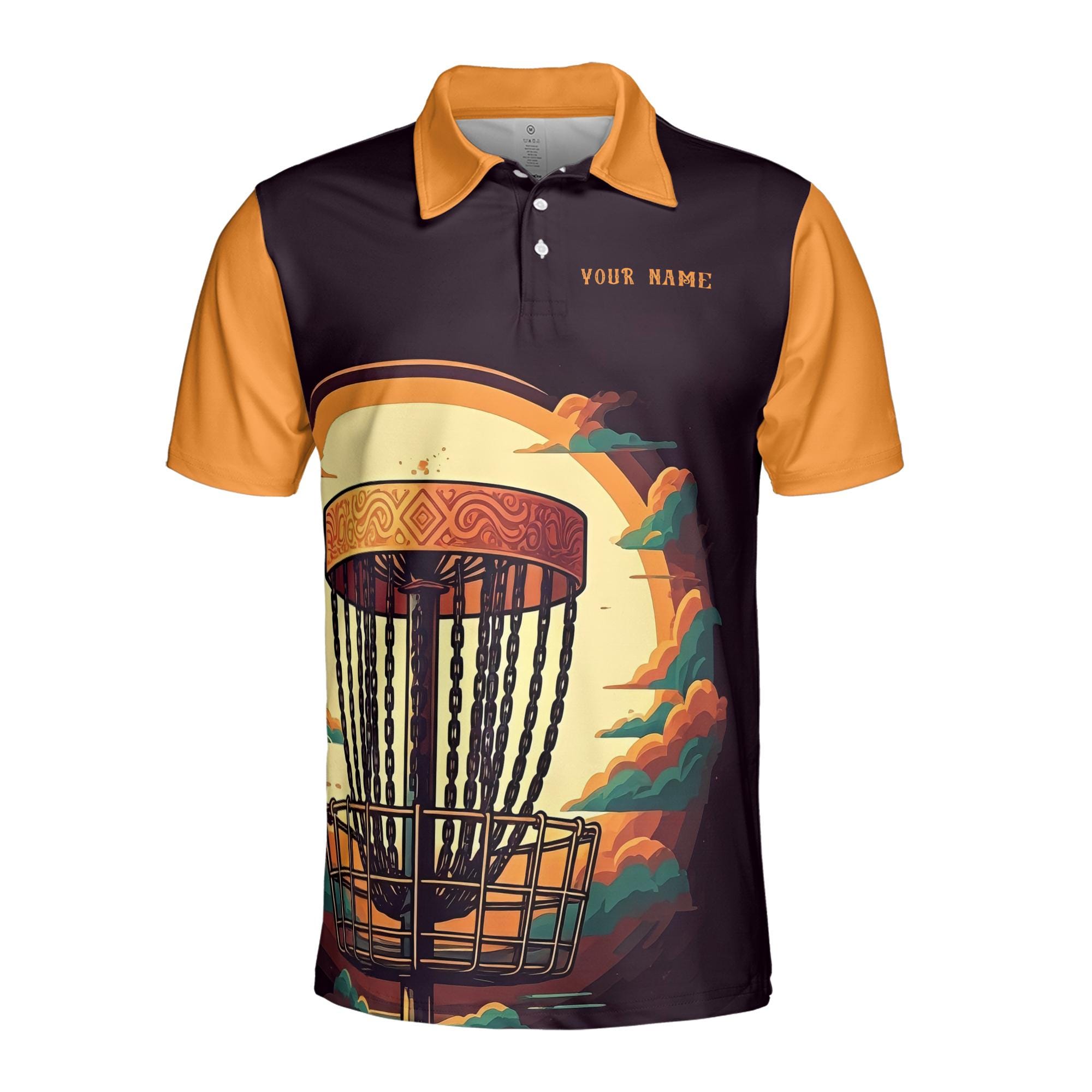 Alternative view of Personalized Name Team Retro Disc Golf Black Orange Sunset Men's Polo Shirt