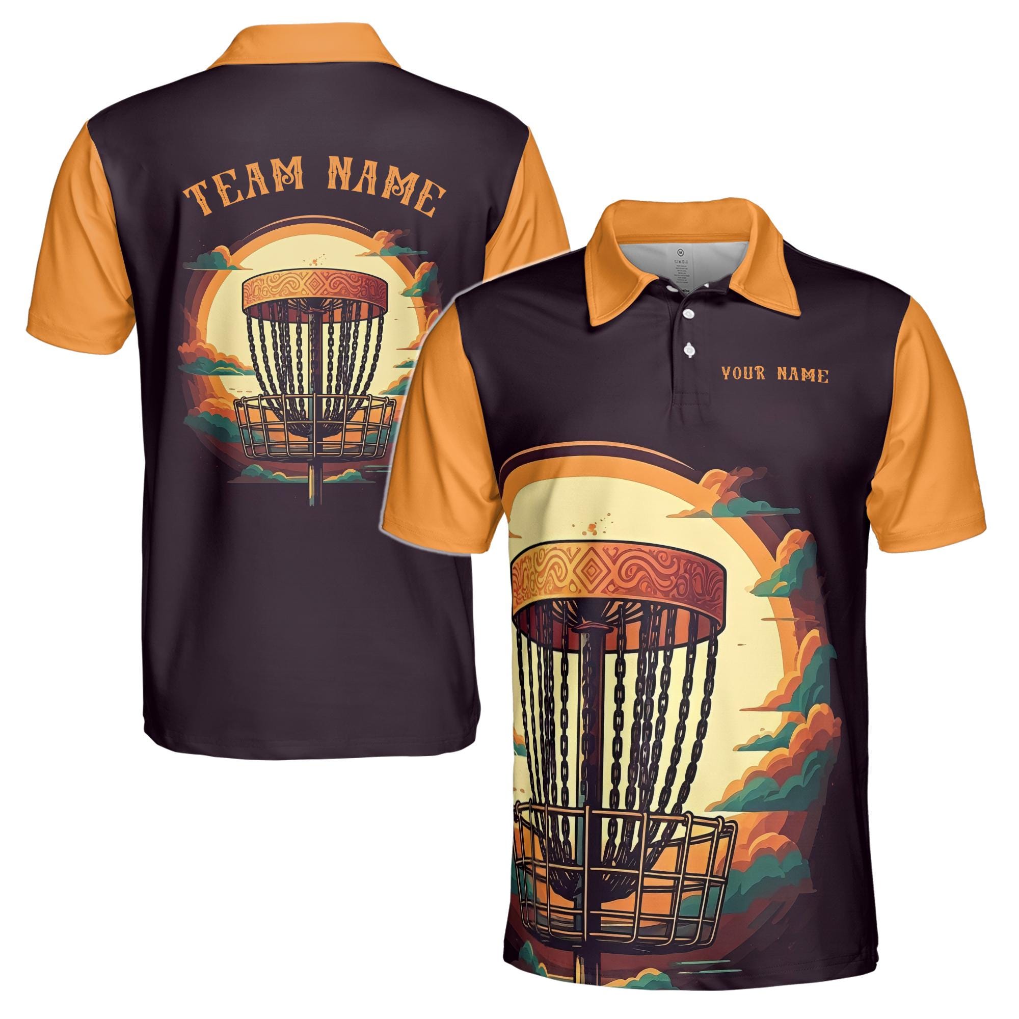 Personalized Name Team Retro Disc Golf Black Orange Sunset Men's Polo Shirt