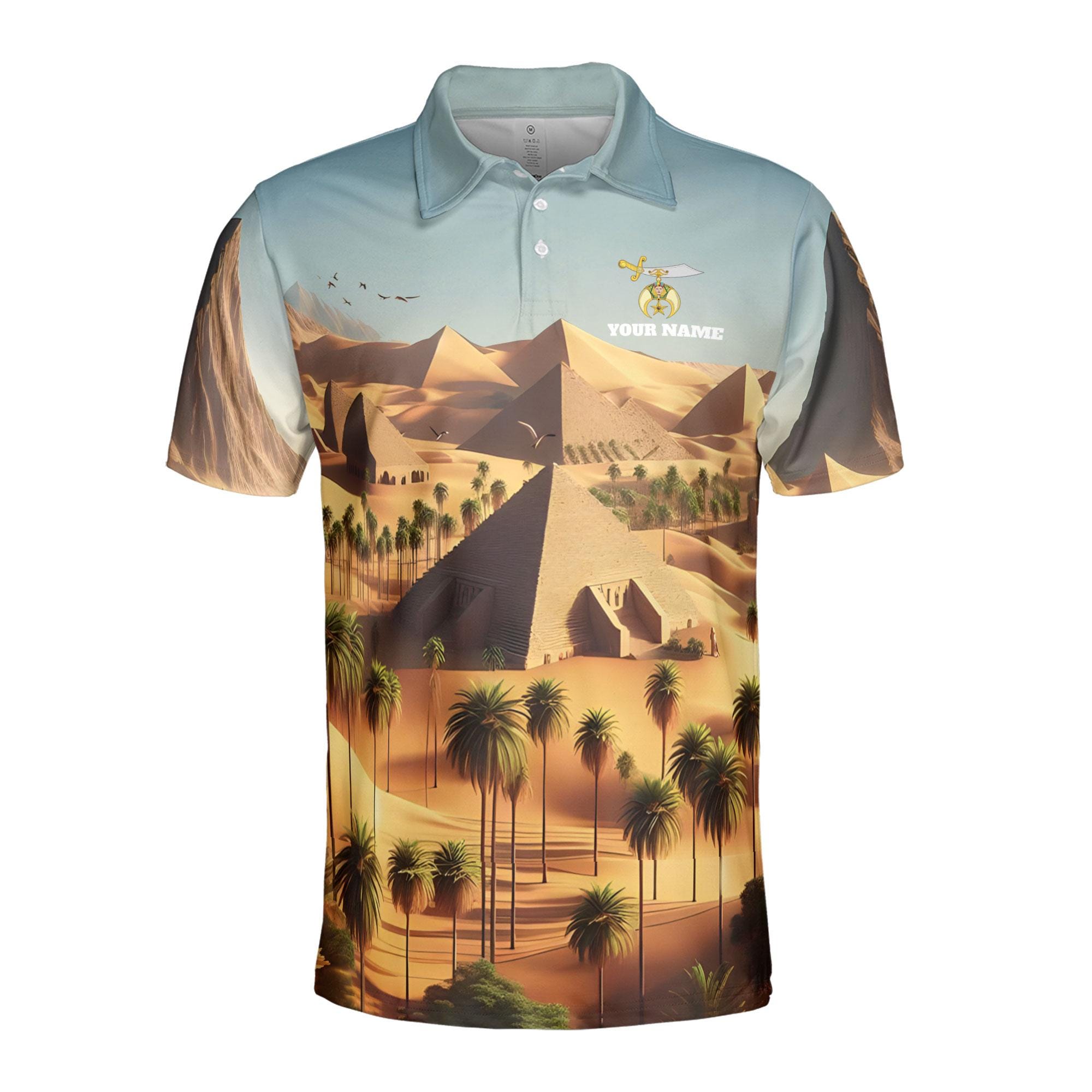 Alternative view of Personalized Noble Shriners Masonry Pyramid On The Desert Men's Polo Shirt