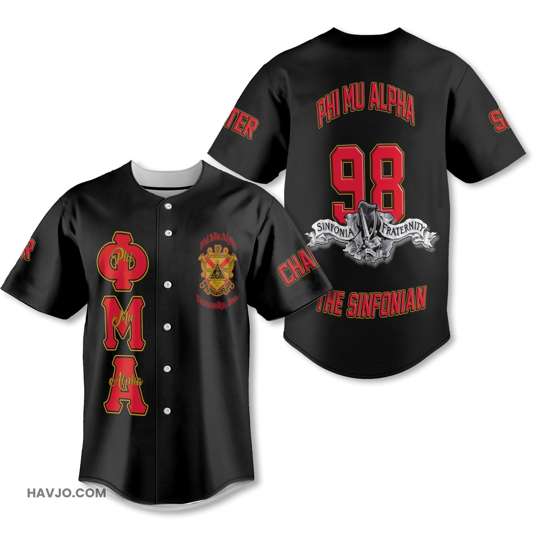 Personalized Phi Mu Alpha Black Red Sinfonia Fraternity Style Baseball Jersey