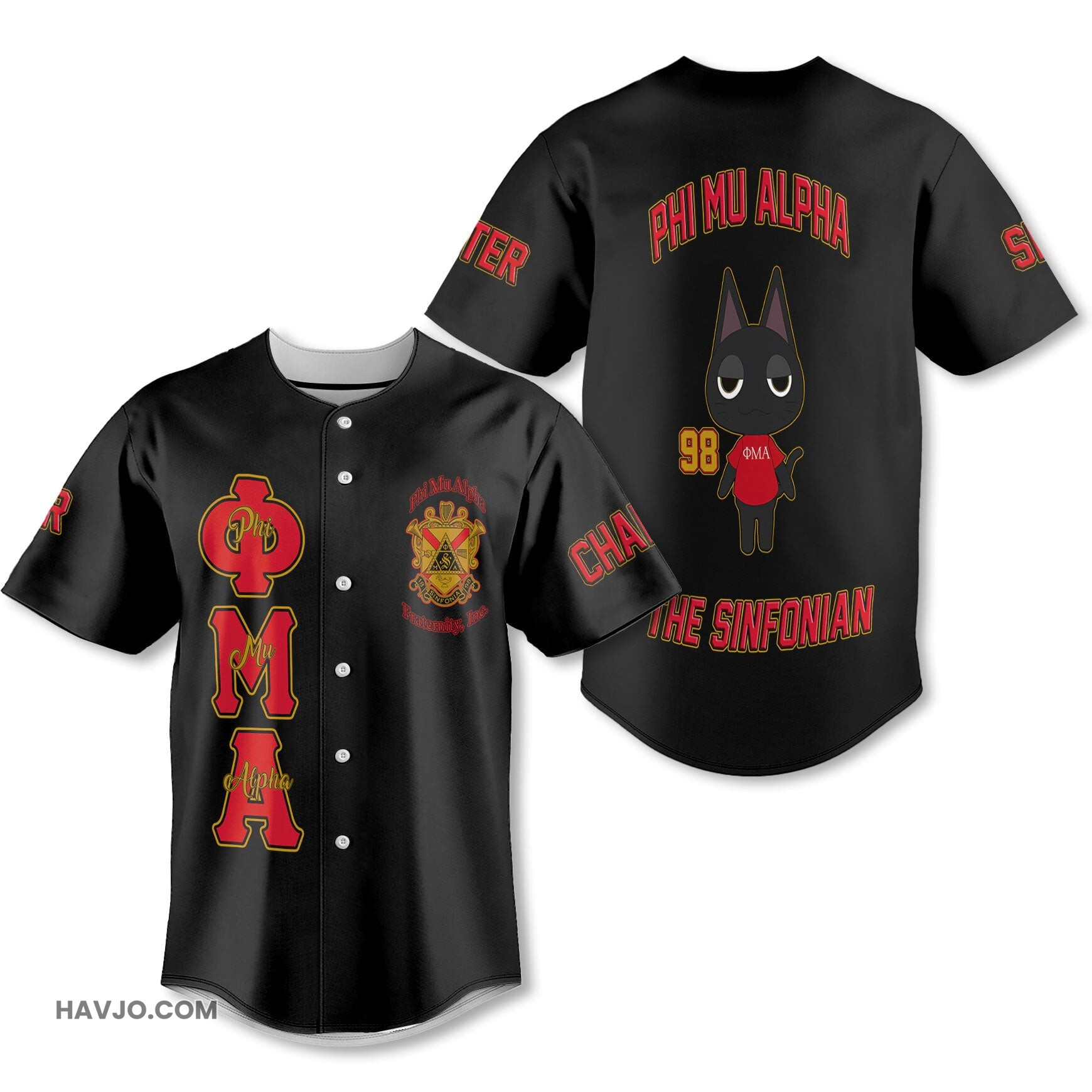 Personalized Phi Mu Alpha Black Red The Cute Cat Style Baseball Jersey