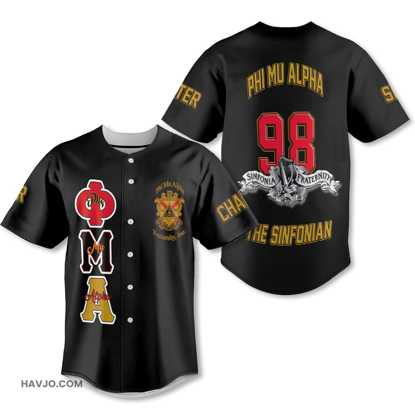 Personalized Phi Mu Alpha Black Yellow Muticolor Sinfonia Fraternity Style Baseball Jersey