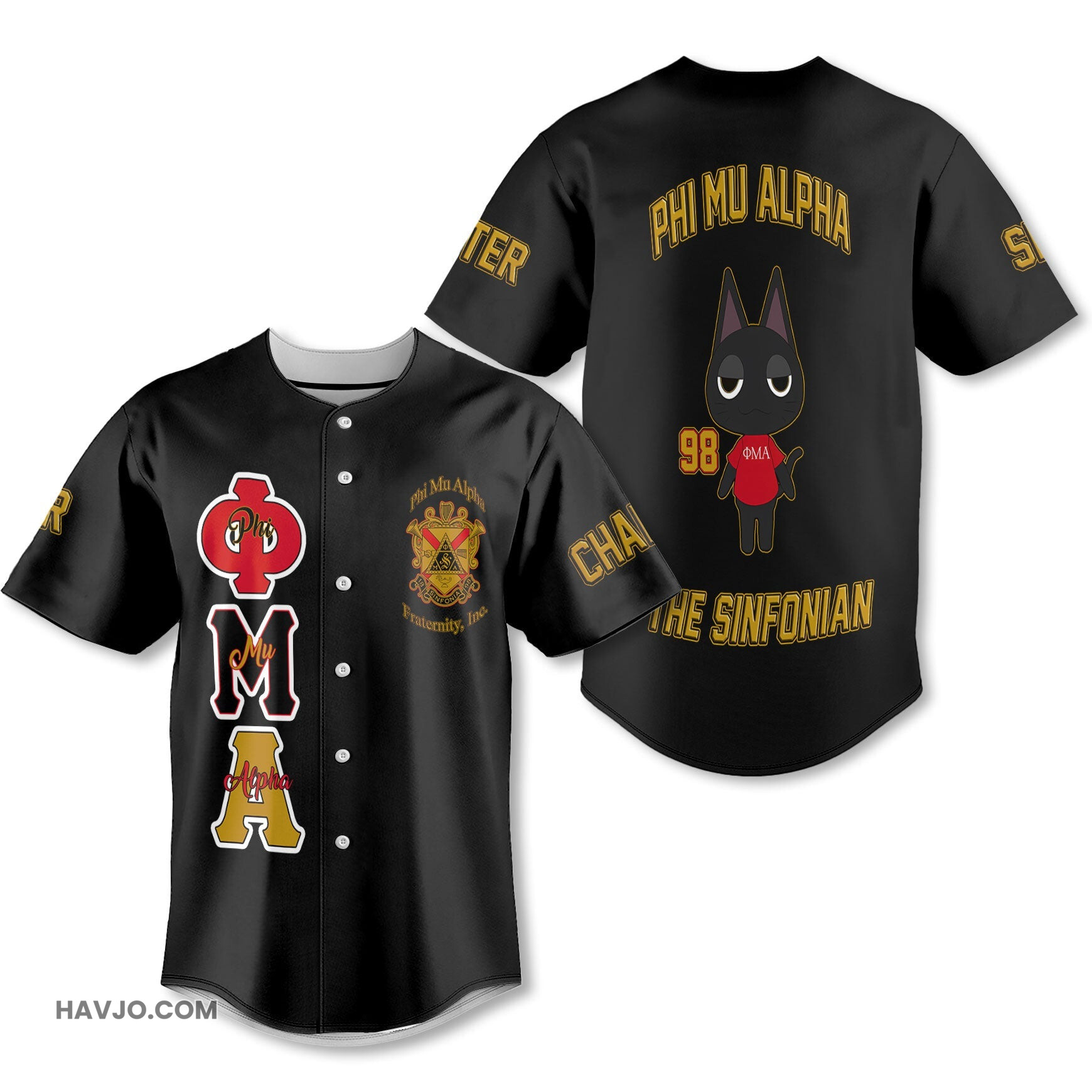 Personalized Phi Mu Alpha Black Yellow Muticolor The Cute Cat Style Baseball Jersey