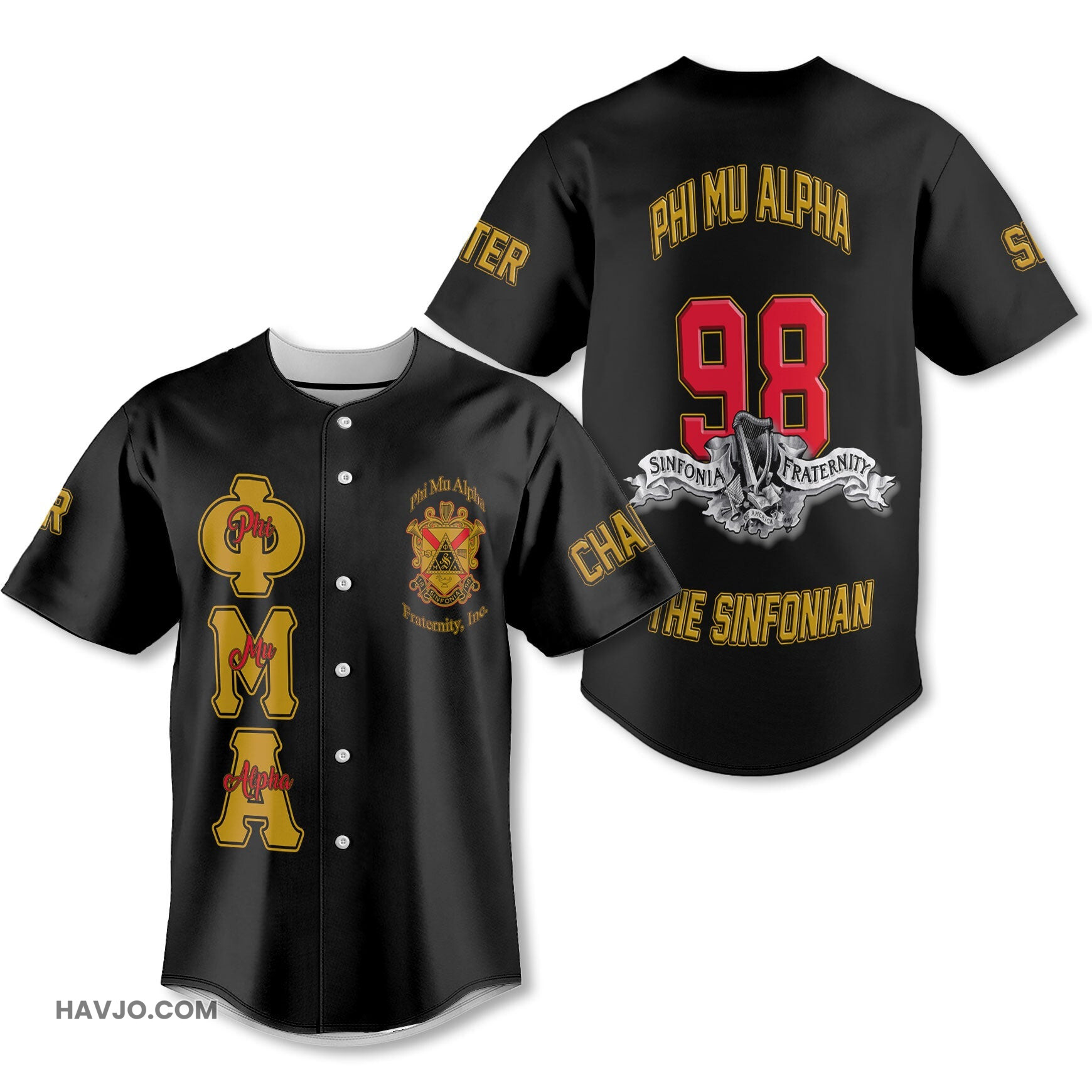 Personalized Phi Mu Alpha Black Yellow Sinfonia Fraternity Style Baseball Jersey