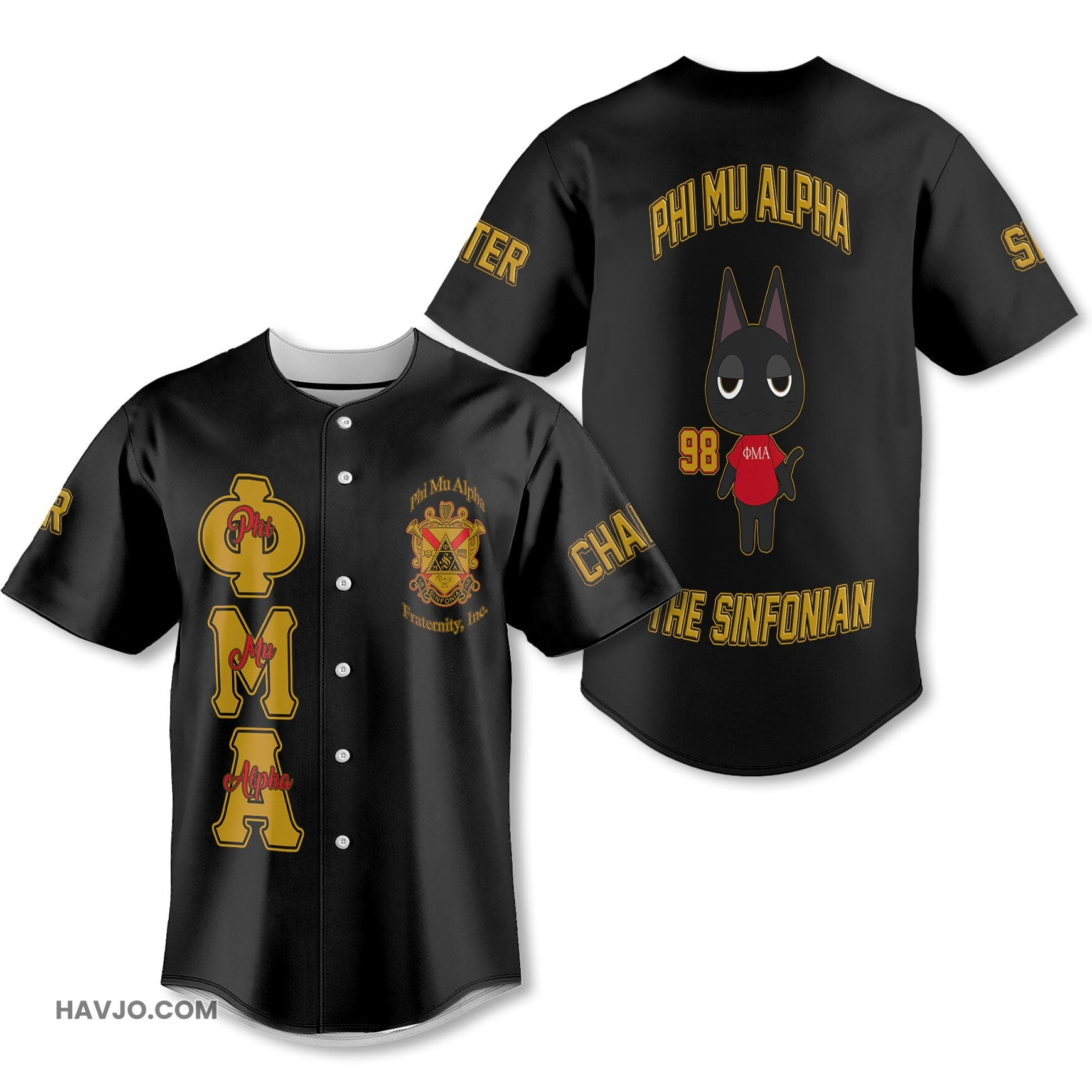 Personalized Phi Mu Alpha Black Yellow The Cute Cat Style Baseball Jersey