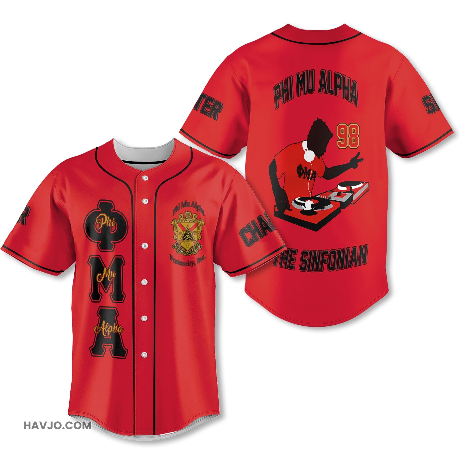 Personalized Phi Mu Alpha Red Black Dj Style Baseball Jersey