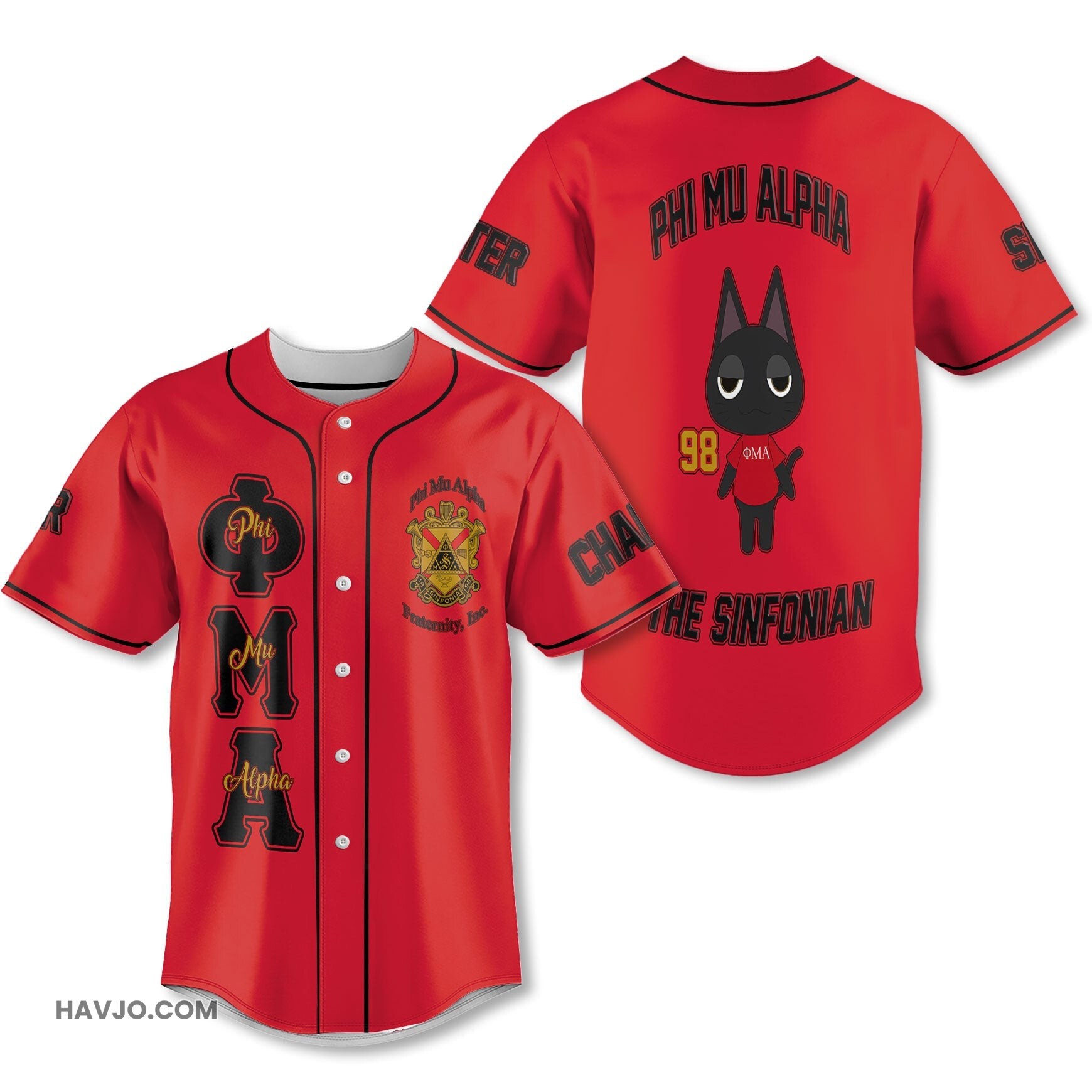 Personalized Phi Mu Alpha Red Black The Cute Cat Style Baseball Jersey