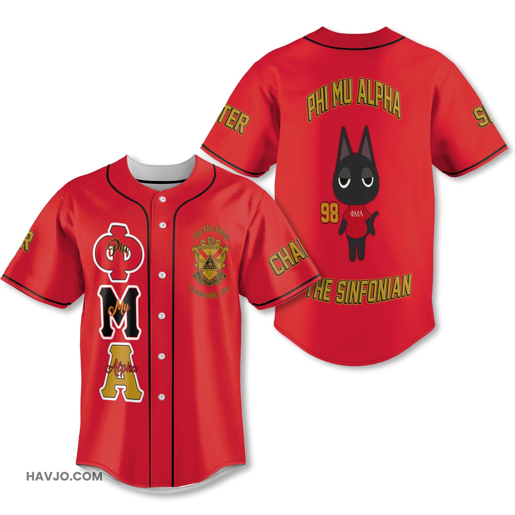 Personalized Phi Mu Alpha Red Yellow Muticolor The Cute Cat Style Baseball Jersey