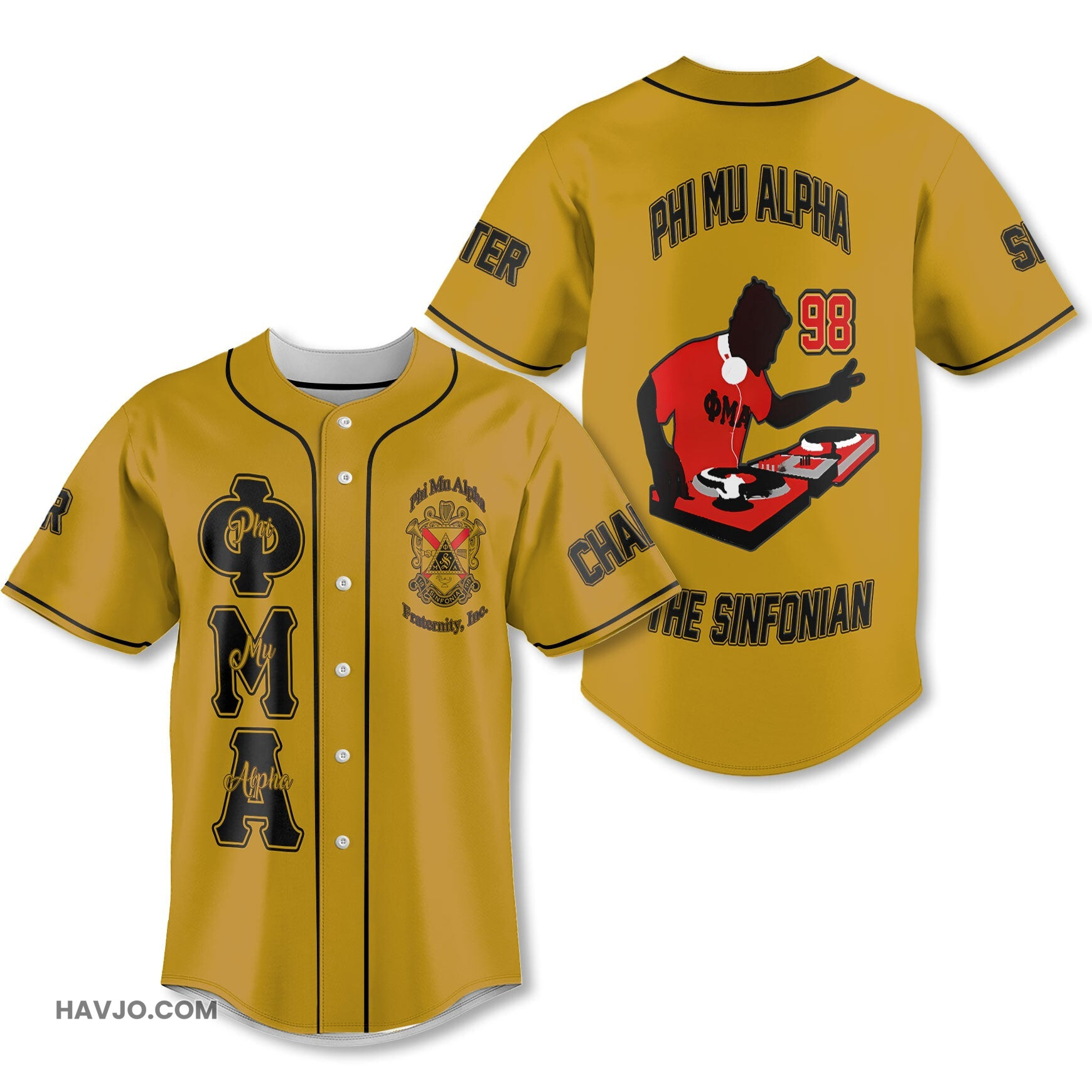 Personalized Phi Mu Alpha Yellow Black Dj Style Baseball Jersey