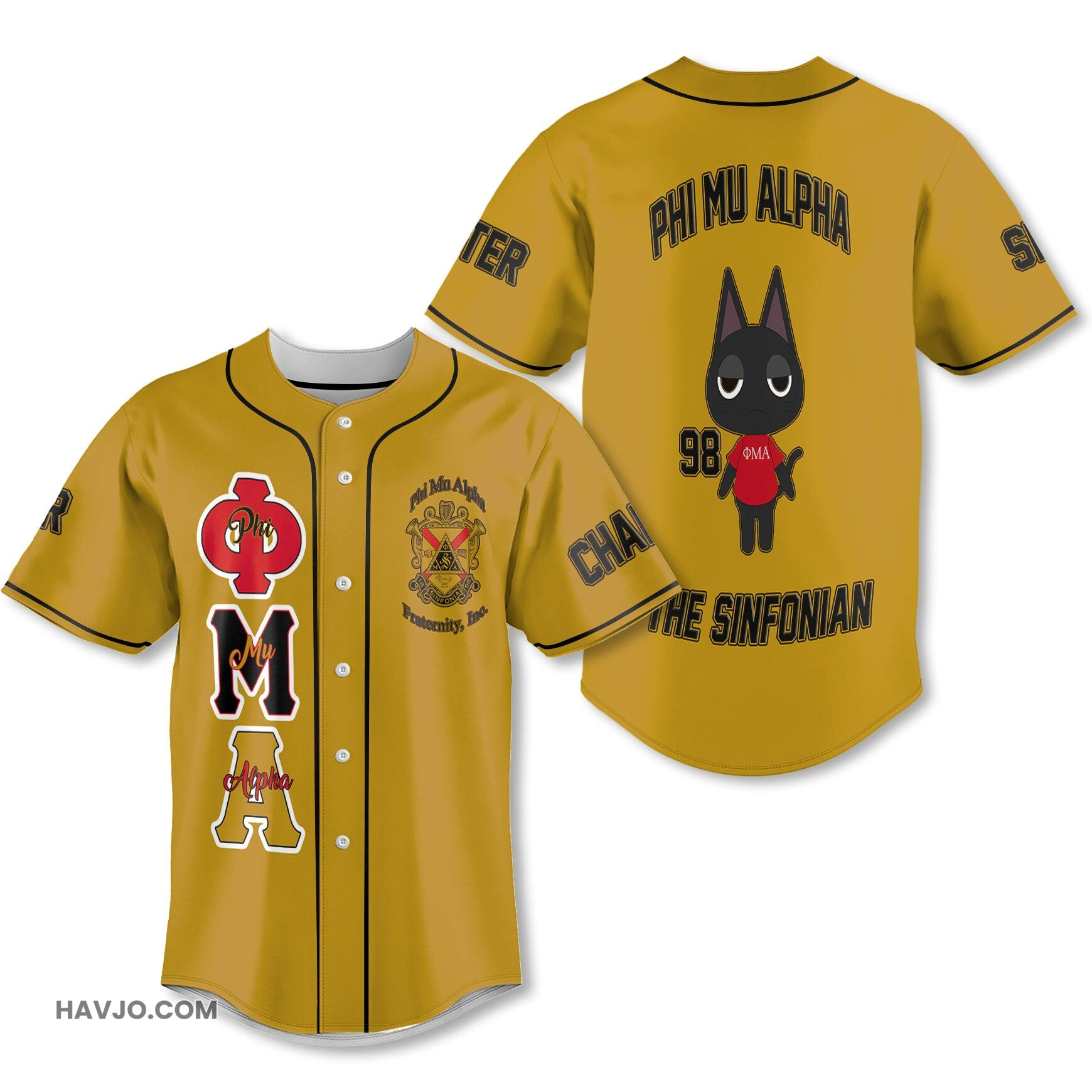 Personalized Phi Mu Alpha Yellow Black Muticolor The Cute Cat Style Baseball Jersey