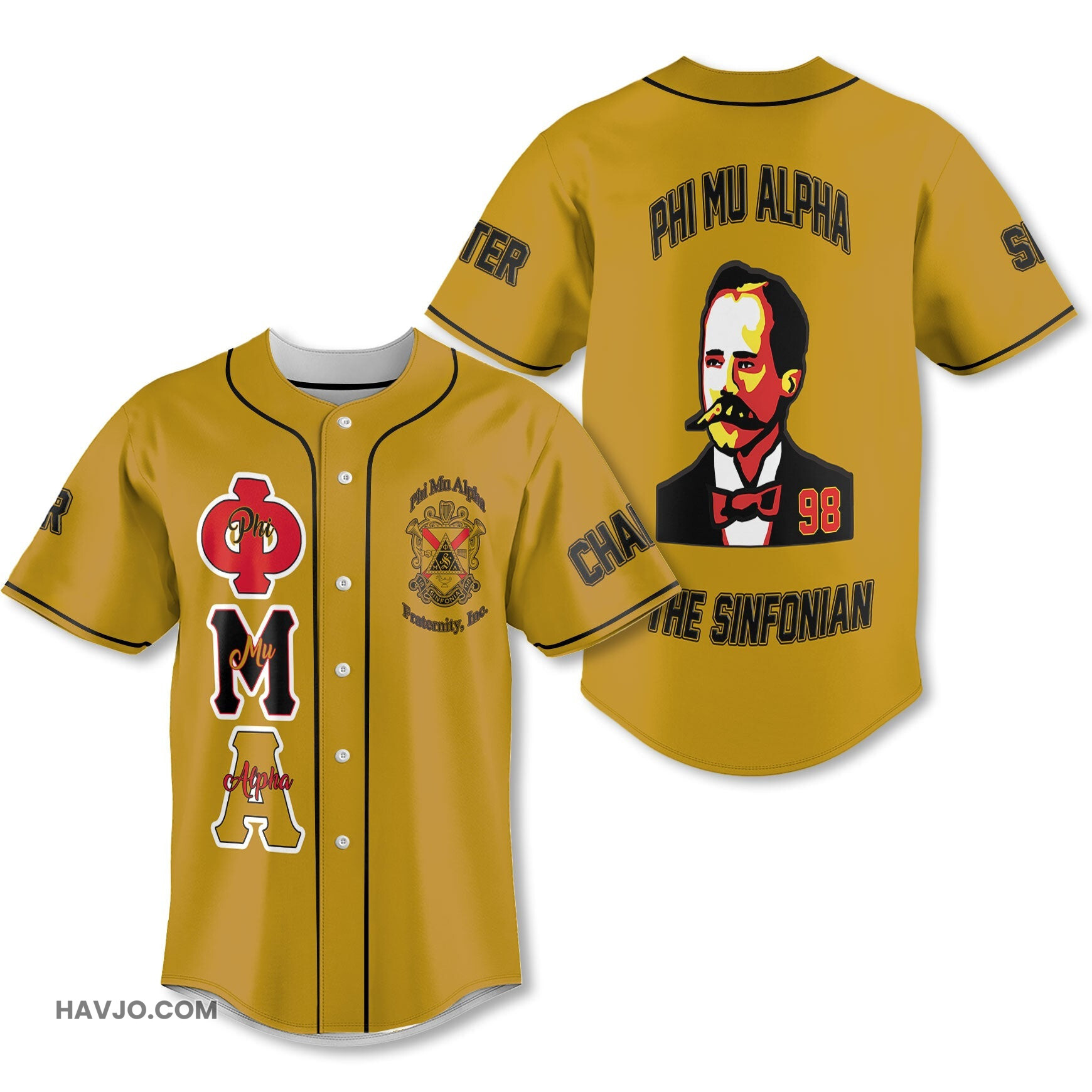 Personalized Phi Mu Alpha Yellow Black Muticolor The Founder Style Baseball Jersey