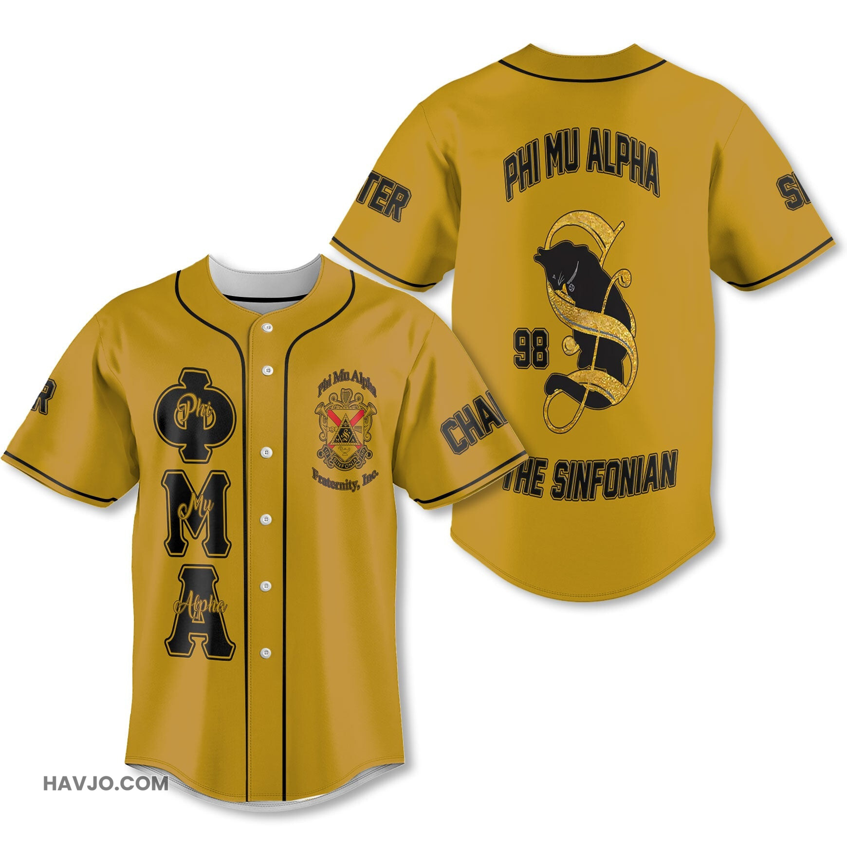 Personalized Phi Mu Alpha Yellow Black The Cat Note Style Baseball Jersey