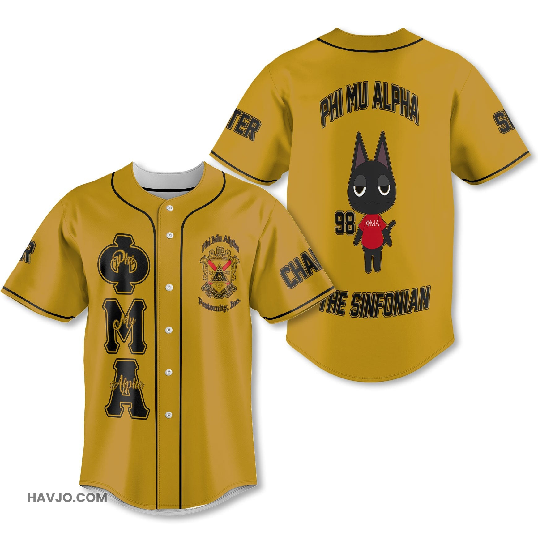 Personalized Phi Mu Alpha Yellow Black The Cute Cat Style Baseball Jersey