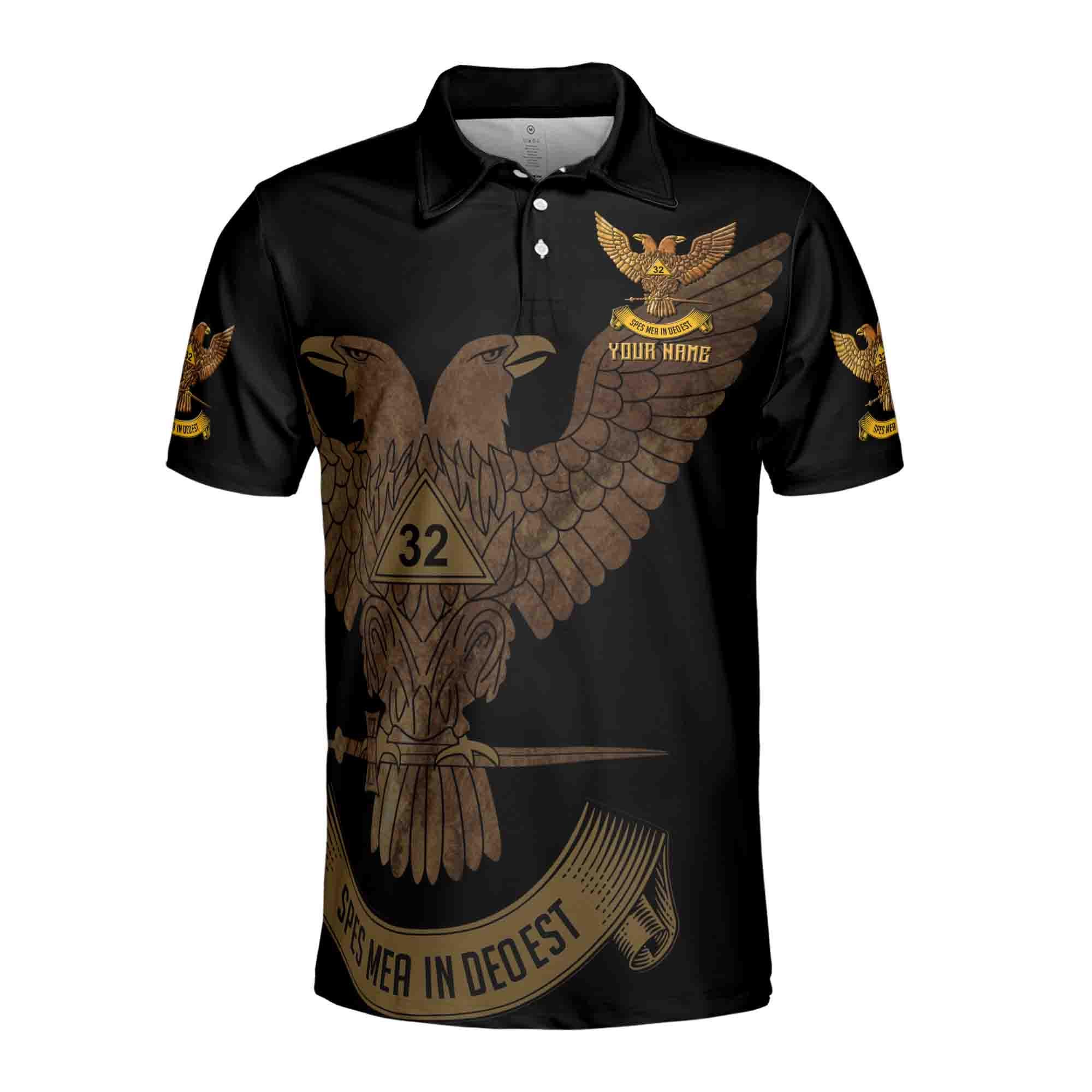Alternative view of Personalized Rite of Scottish 32 Degree Eagle Wings Up Masonic Men's Polo Shirt