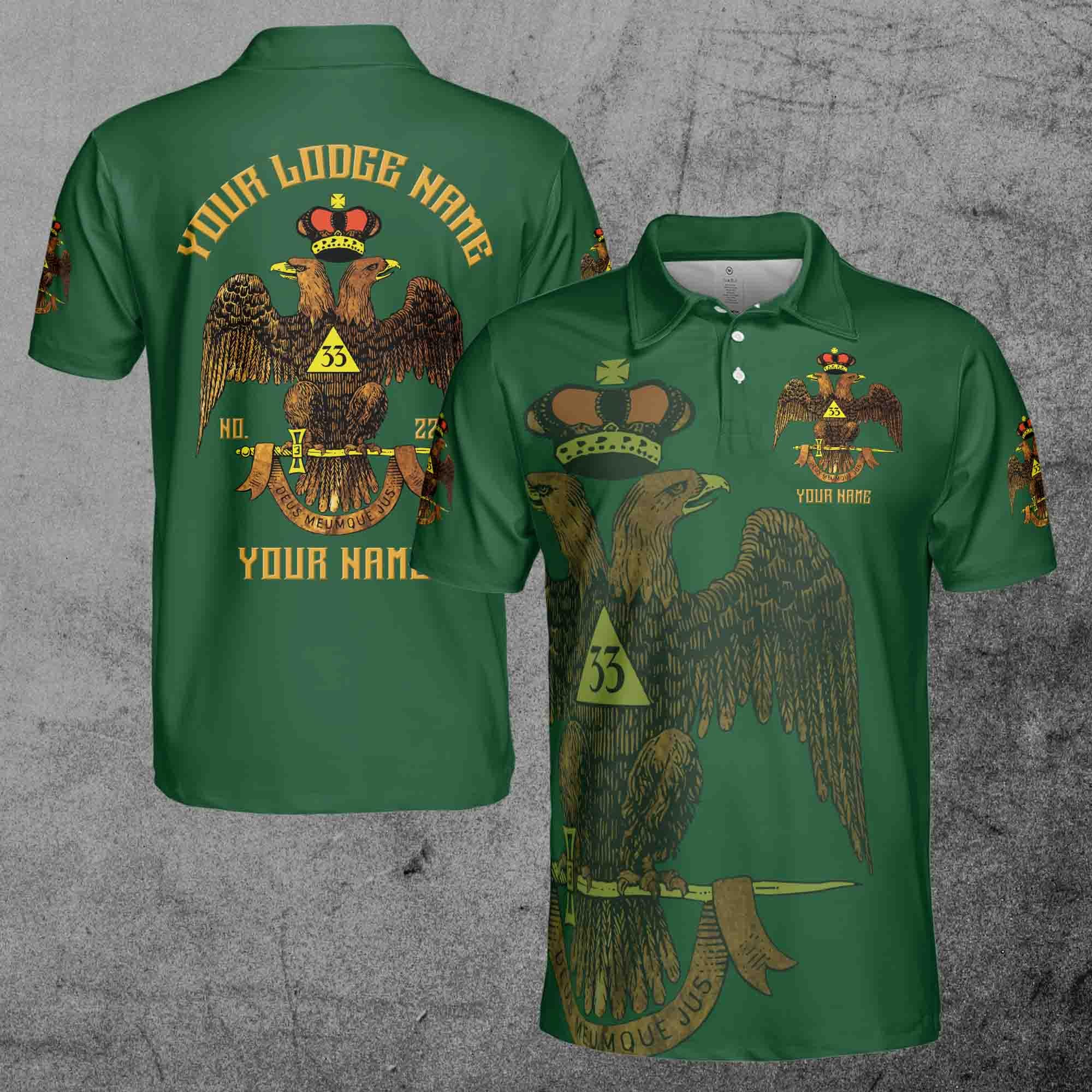 Alternative view of Personalized Rite of Scottish 33 Degree Emblem Design Masonic Men's Polo Shirt