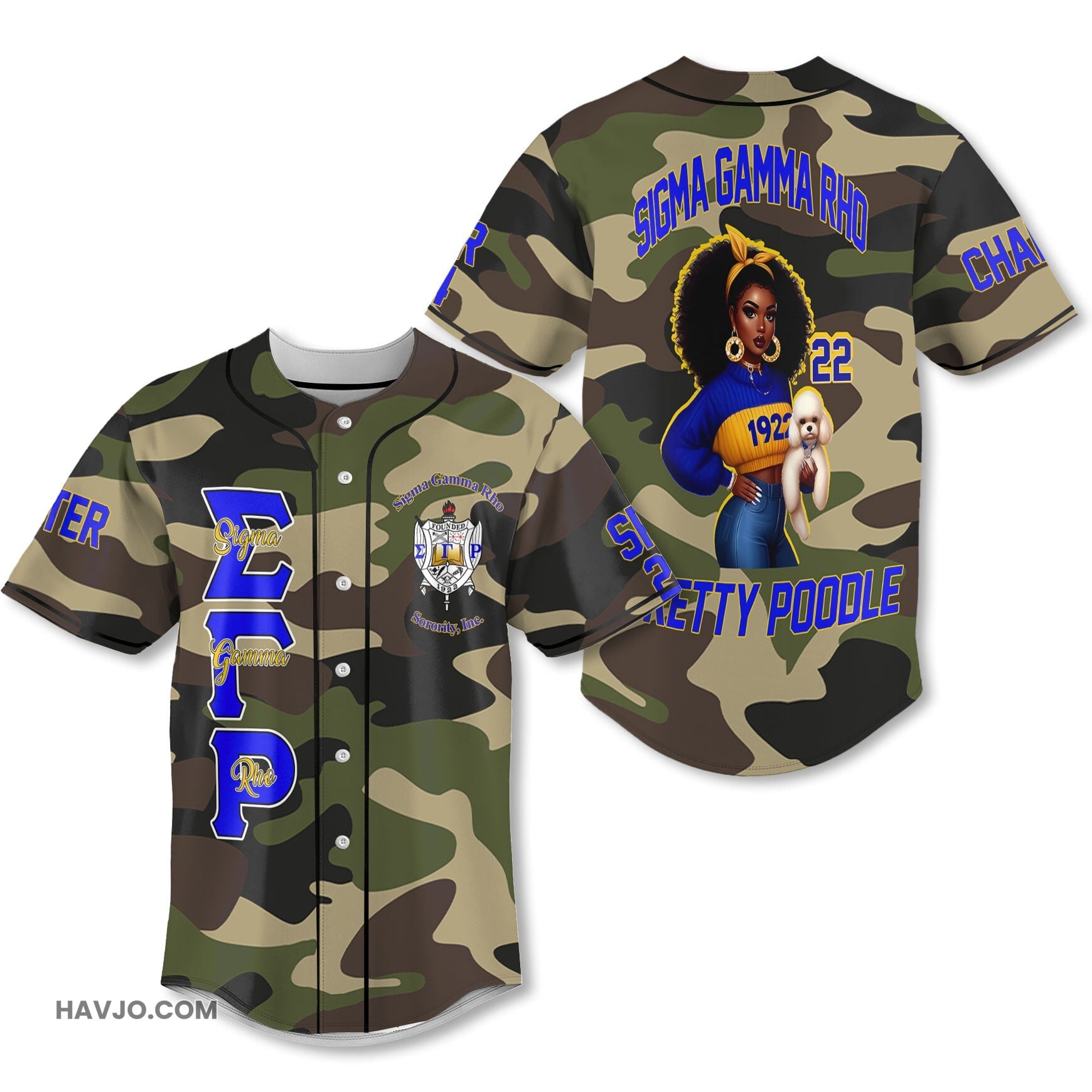 Personalized Sigma Gamma Rho Camouflage SGRHO Girl And Poodles Style Baseball Jersey