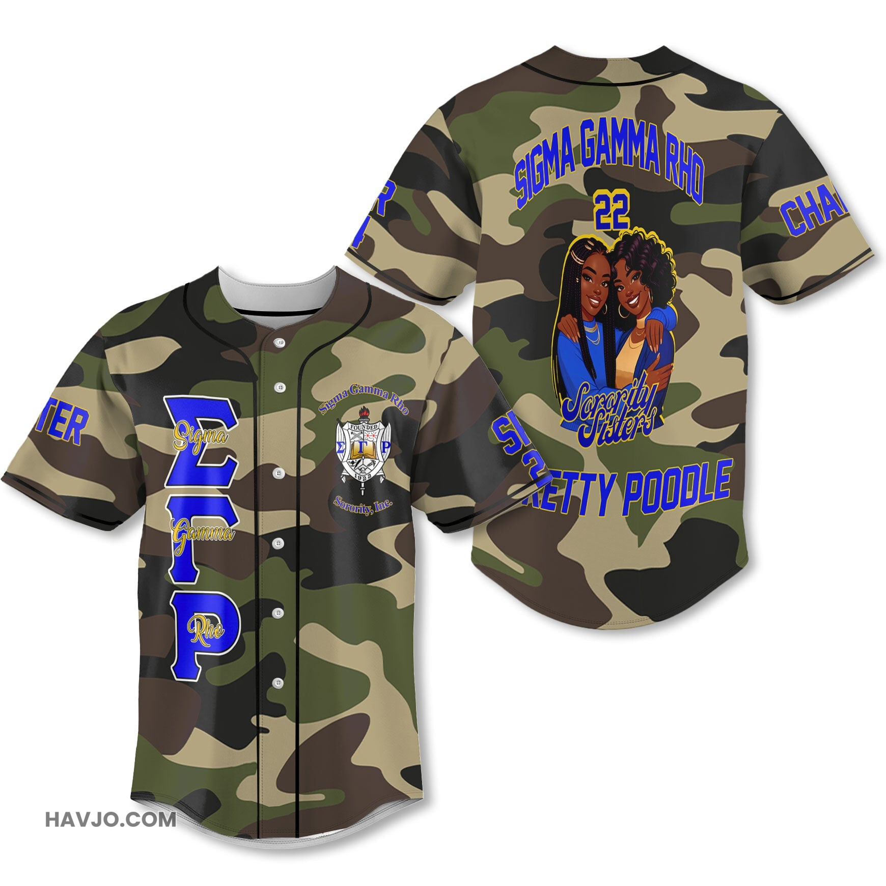 Personalized Sigma Gamma Rho Camouflage SGRHO Sorority Sister 1922 Style Baseball Jersey