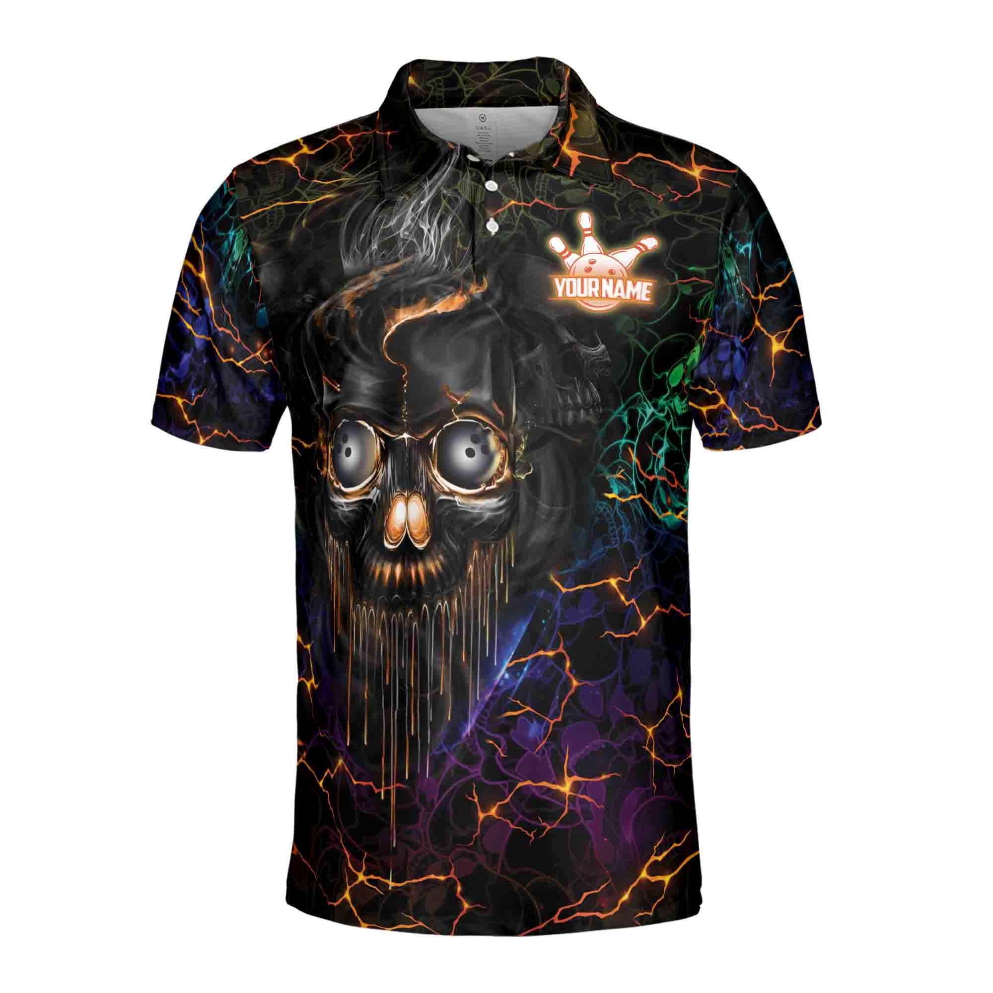 Alternative view of Personalized Skull Bowling Polo Shirt, Neon Lighting Skull Bowl Design